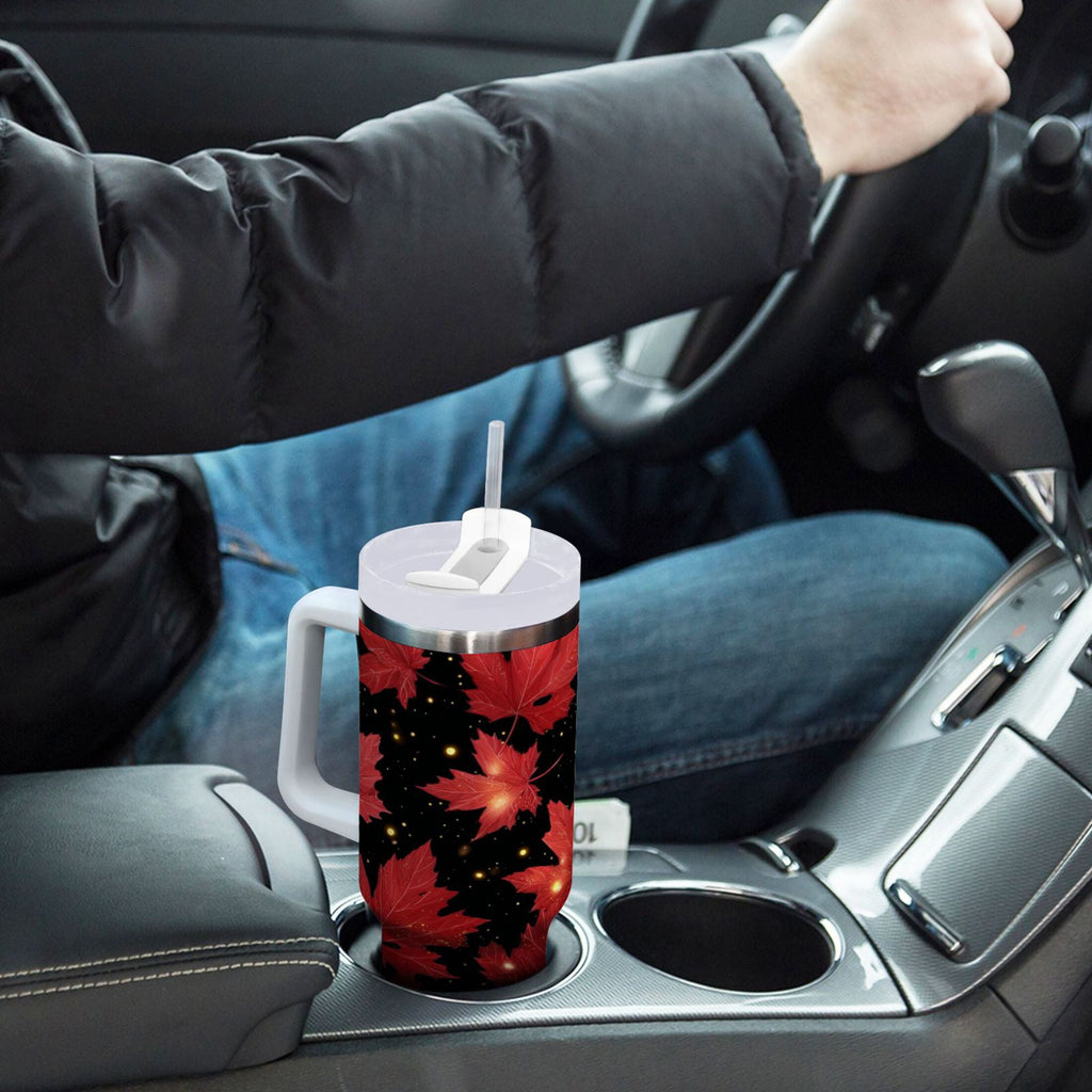 40 oz Insulated Stainless Steel Tumbler Double Wall Stainless Steel Tumbler with 2-Way Drinking Maple Leaves and Fireflies - Y38I