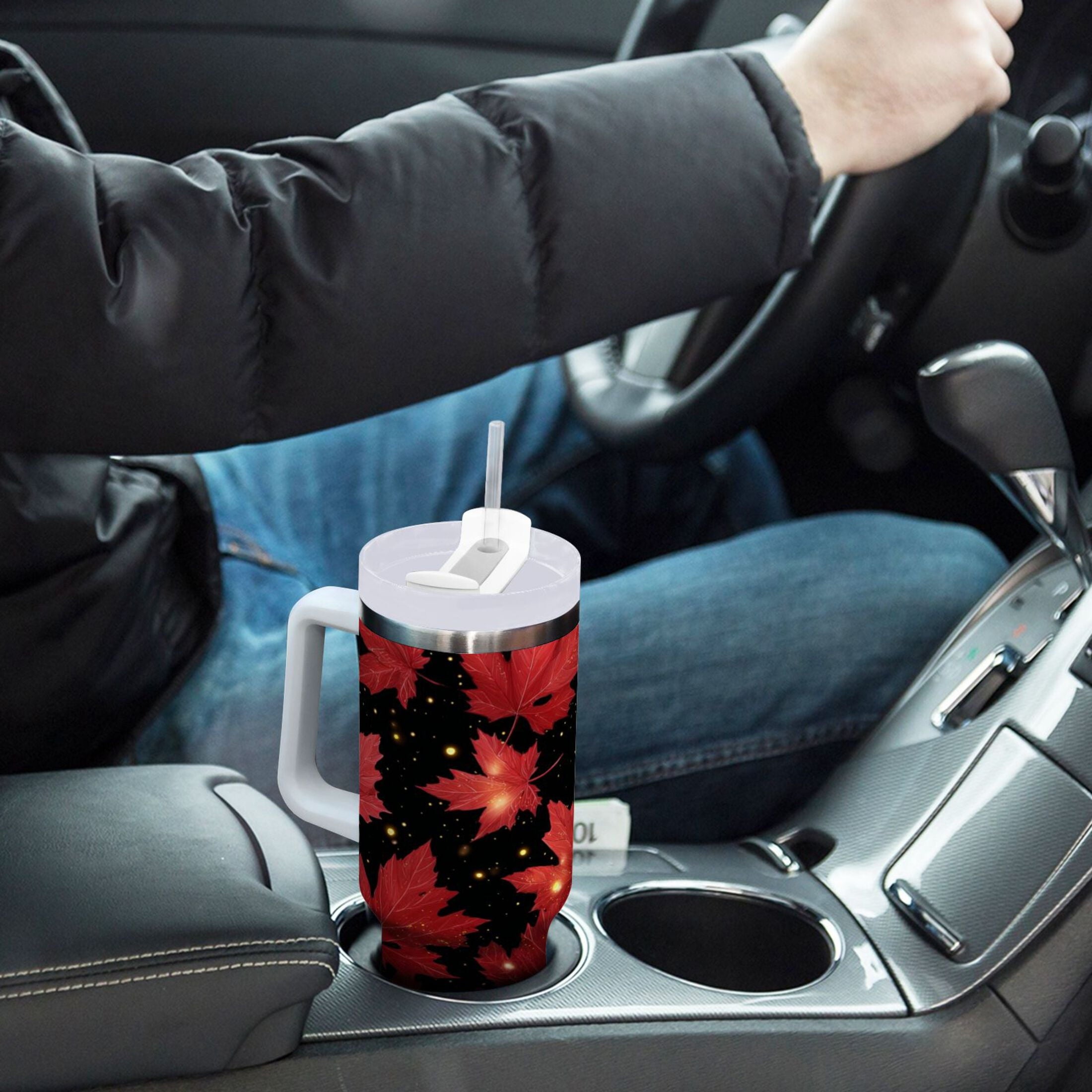 40 oz Insulated Stainless Steel Tumbler Double Wall Stainless Steel Tumbler with 2-Way Drinking Maple Leaves and Fireflies - Y38I