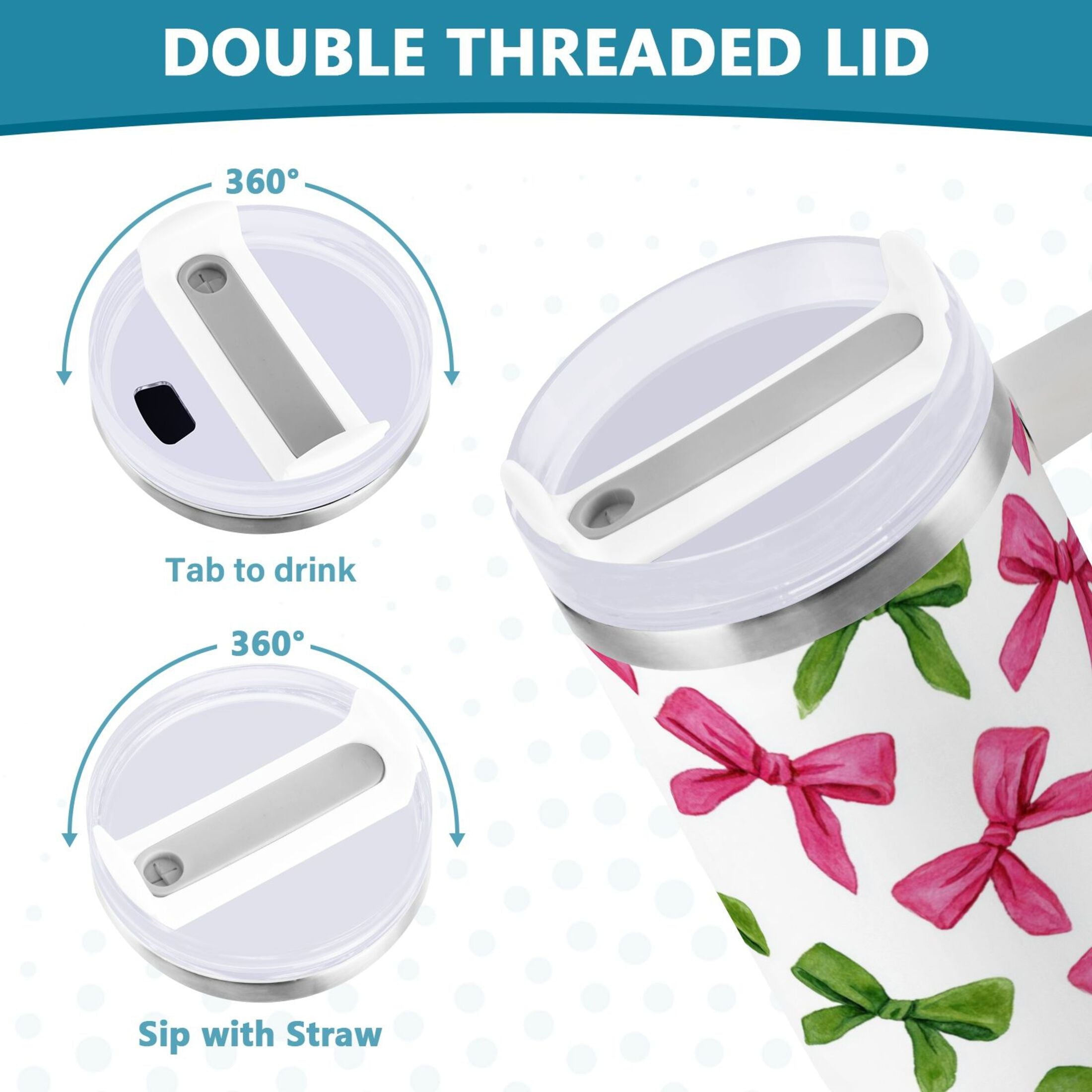 30 oz Insulated Stainless Steel Tumbler Double Wall Stainless Steel Tumbler with 2-Way Drinking Pink Bows and Green Ribbons - 2V9P