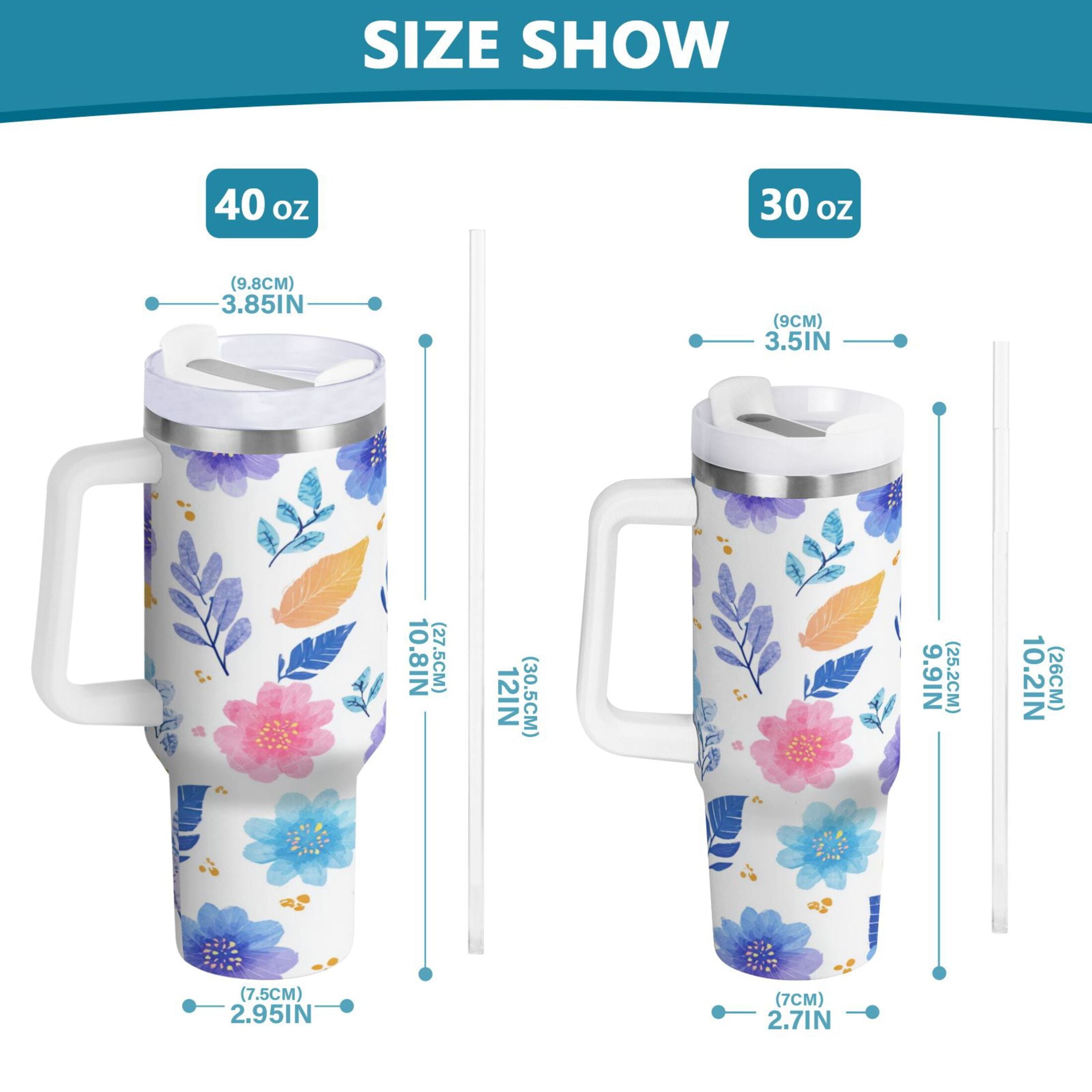 30 oz Insulated Stainless Steel Tumbler Double Wall Stainless Steel Tumbler with 2-Way Drinking Blue and Purple Flowers - 5OWM