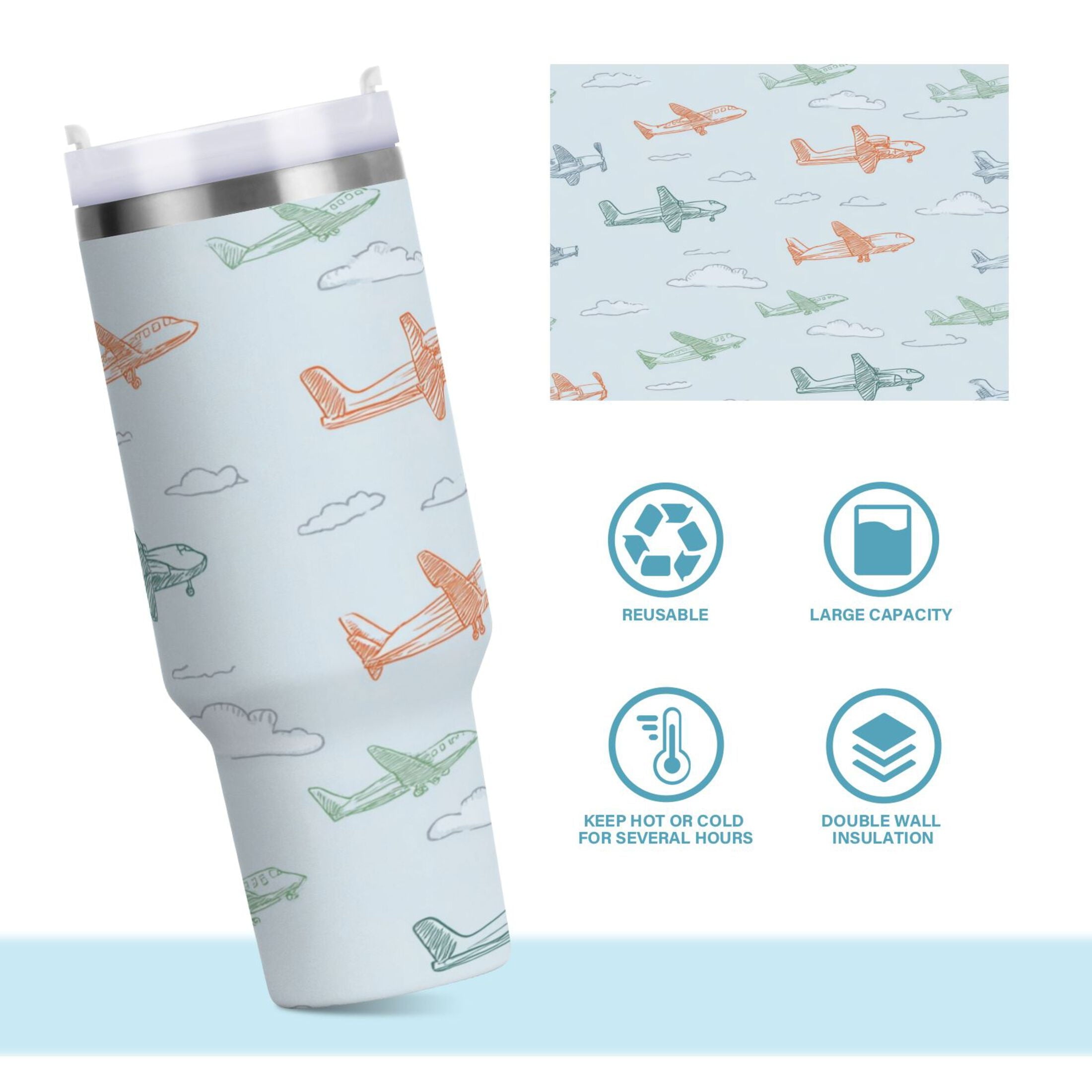 30 oz Insulated Stainless Steel Tumbler Double Wall Stainless Steel Tumbler with 2-Way Drinking Pastel Doodle Airplanes - BTKD