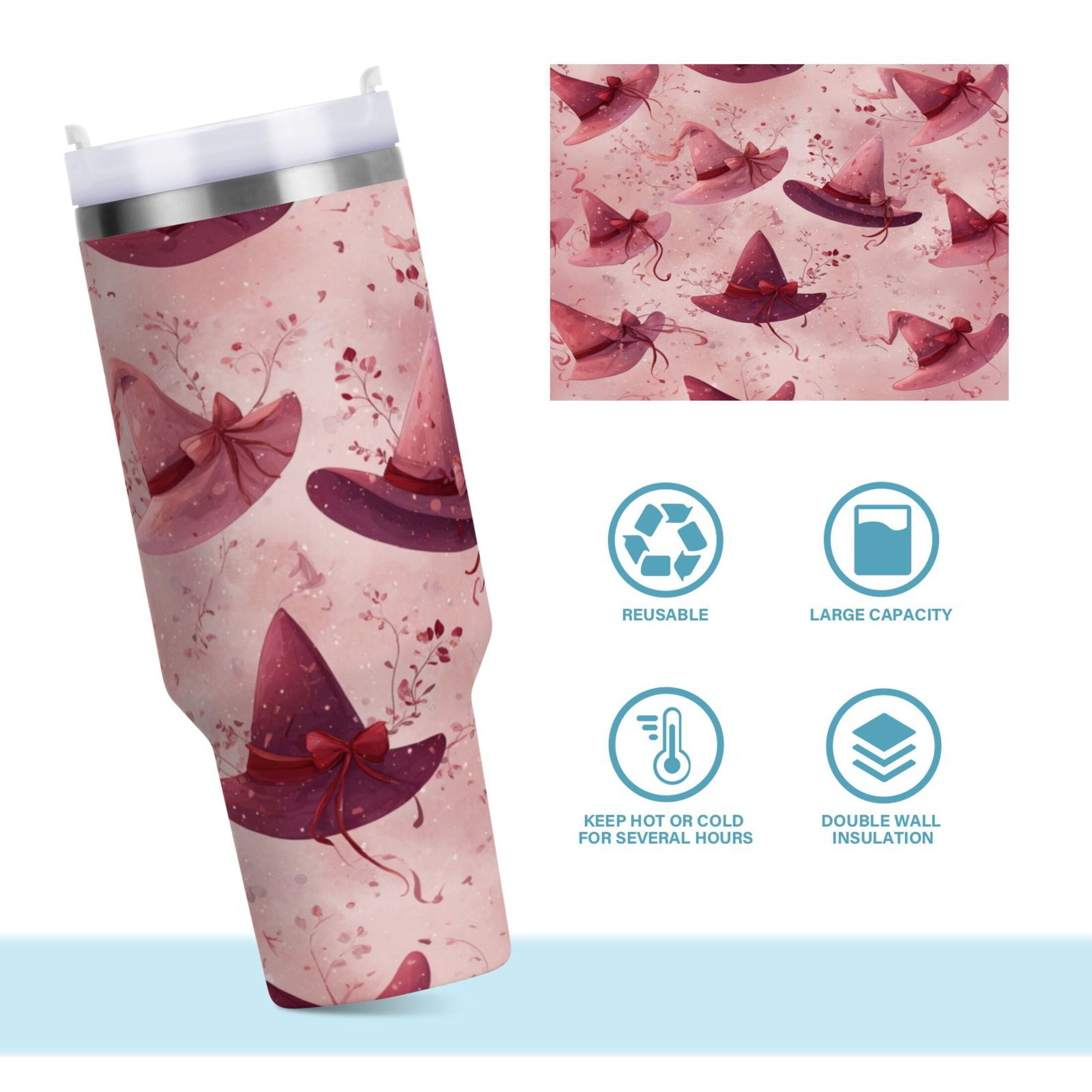 30 oz Insulated Stainless Steel Tumbler Double Wall Stainless Steel Tumbler with 2-Way Drinking Hats with Delicate Bows - H7Z6