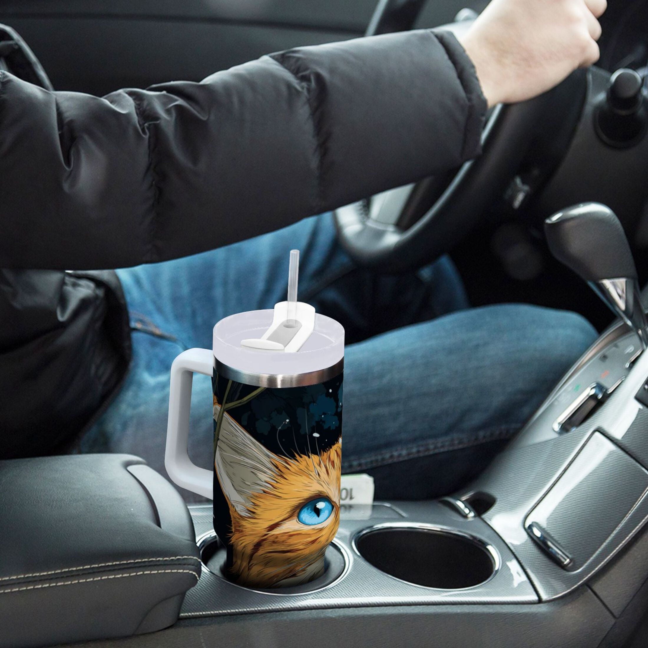 30 oz Insulated Stainless Steel Tumbler Double Wall Stainless Steel Tumbler with 2-Way Drinking Orange Cat with Blue Eyes - P494