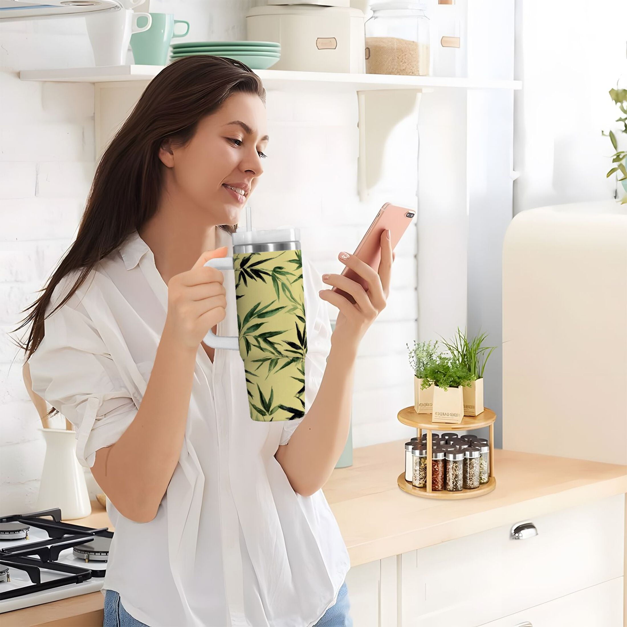 30 oz Insulated Stainless Steel Tumbler Double Wall Stainless Steel Tumbler with 2-Way Drinking Bamboo and Green Leaves - X1QJ