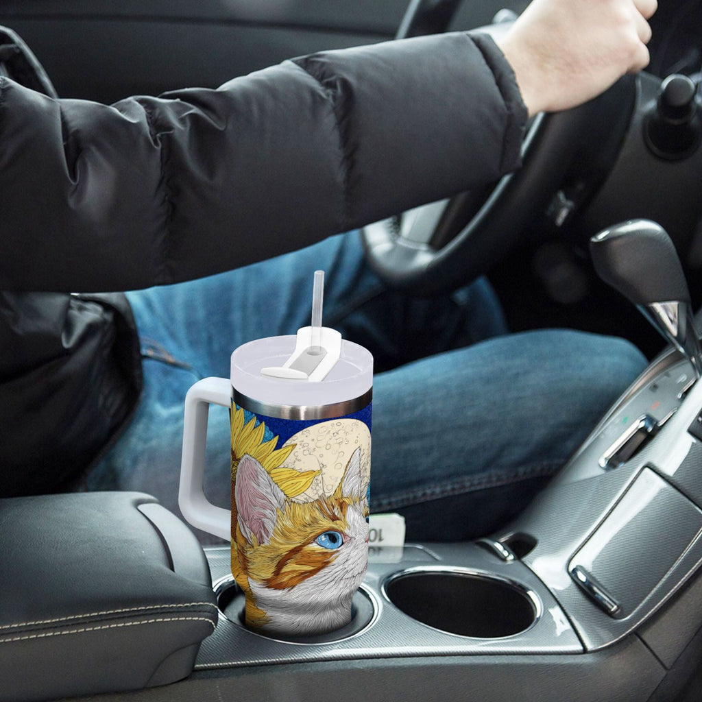 40 oz Insulated Stainless Steel Tumbler Double Wall Stainless Steel Tumbler with 2-Way Drinking Cat Lies in The Sunflowers - T6CX