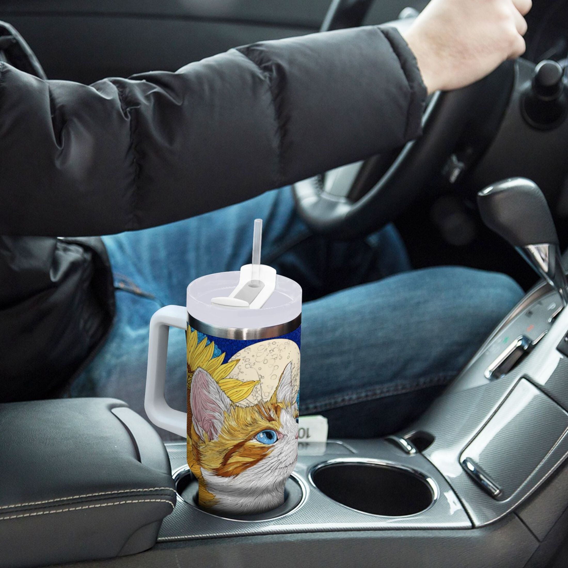 40 oz Insulated Stainless Steel Tumbler Double Wall Stainless Steel Tumbler with 2-Way Drinking Cat Lies in The Sunflowers - T6CX