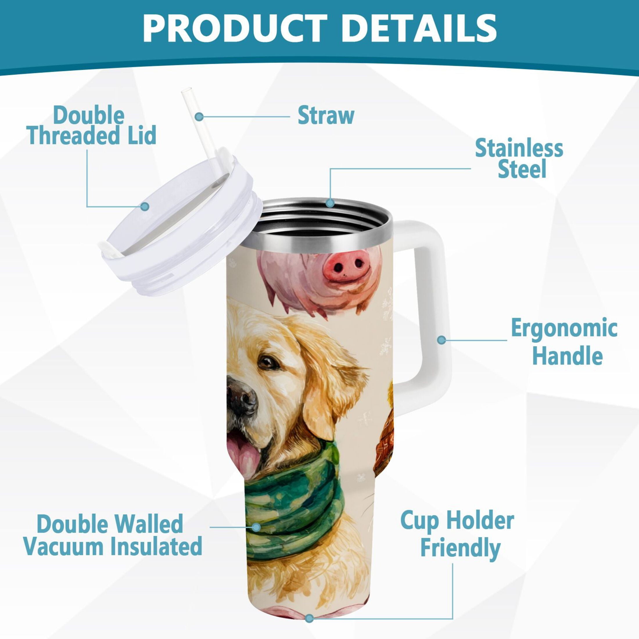 30 oz Insulated Stainless Steel Tumbler Double Wall Stainless Steel Tumbler with 2-Way Drinking Watercolor Animals Pattern - JXLX
