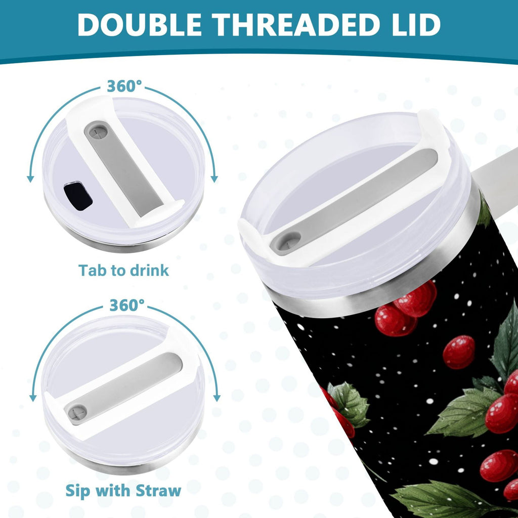 40 oz Insulated Stainless Steel Tumbler Double Wall Stainless Steel Tumbler with 2-Way Drinking Red Holly Berries Pattern - 7MMI