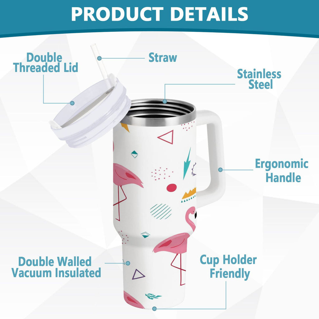 40 oz Insulated Stainless Steel Tumbler Double Wall Stainless Steel Tumbler with 2-Way Drinking Cute Flamingo Pattern - VJRE