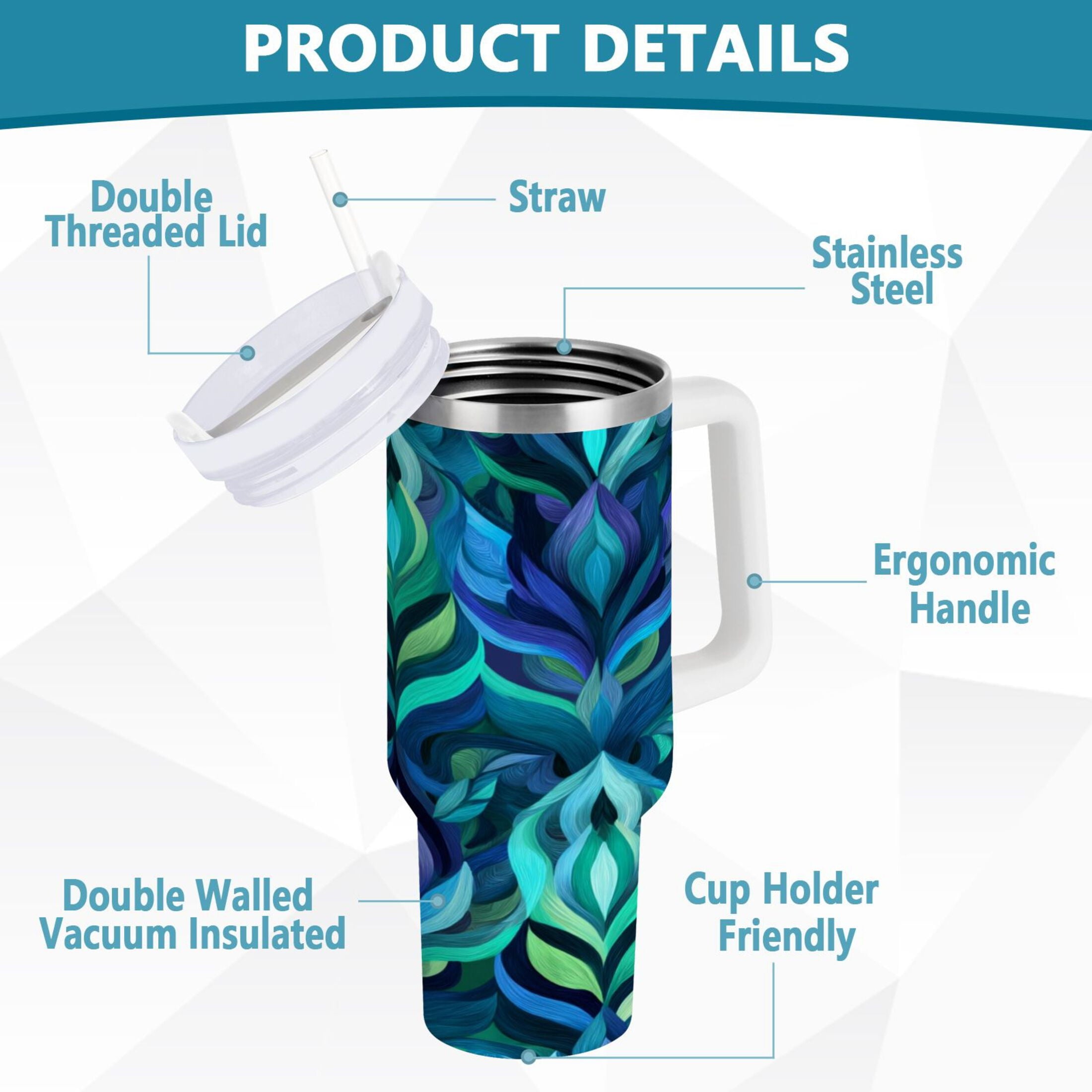 40 oz Insulated Stainless Steel Tumbler Double Wall Stainless Steel Tumbler with 2-Way Drinking Elegant Blue Abstract Shapes - BNTB