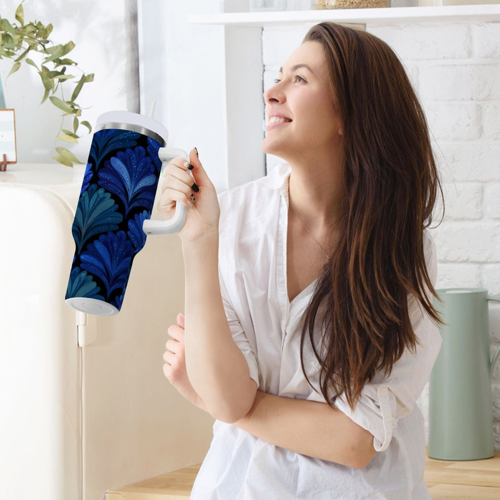 30 oz Insulated Stainless Steel Tumbler Double Wall Stainless Steel Tumbler with 2-Way Drinking Blue Batik Leaves Pattern - OM7T
