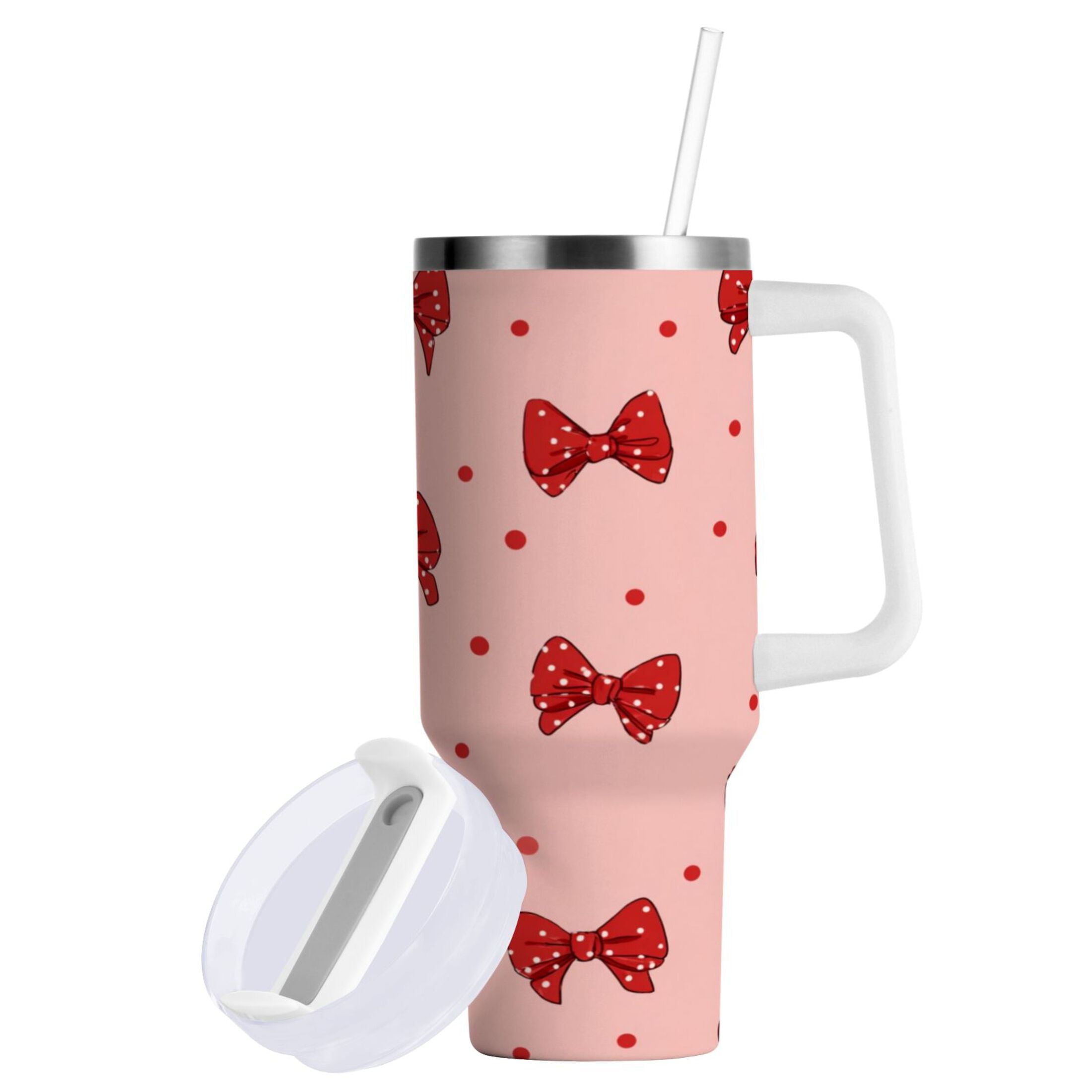 40 oz Insulated Stainless Steel Tumbler Double Wall Stainless Steel Tumbler with 2-Way Drinking Red Bows and Polka Dots - X5A8