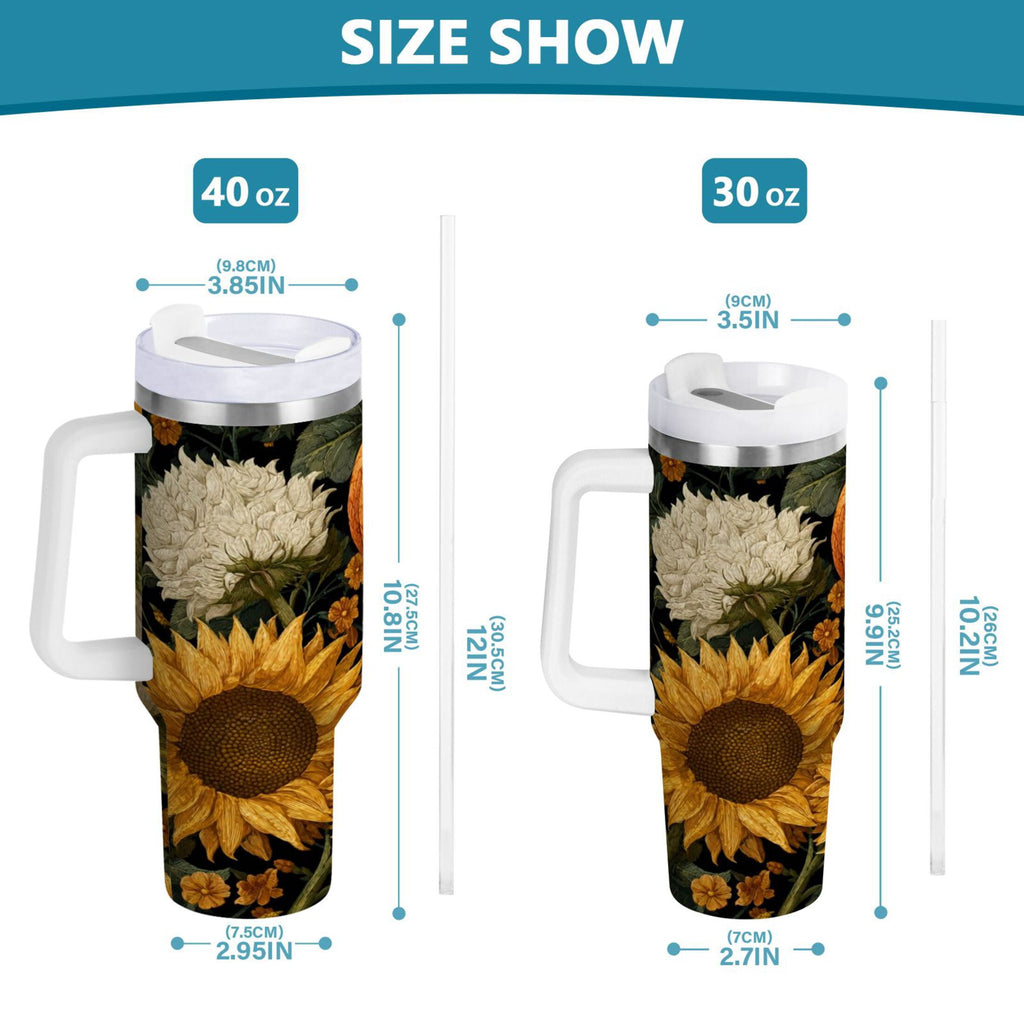 40 oz Insulated Stainless Steel Tumbler Double Wall Stainless Steel Tumbler with 2-Way Drinking Pumpkins and Sunflowers Pattern - GDXS