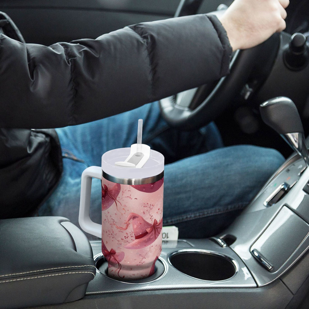 30 oz Insulated Stainless Steel Tumbler Double Wall Stainless Steel Tumbler with 2-Way Drinking Hats with Delicate Bows - H7Z6