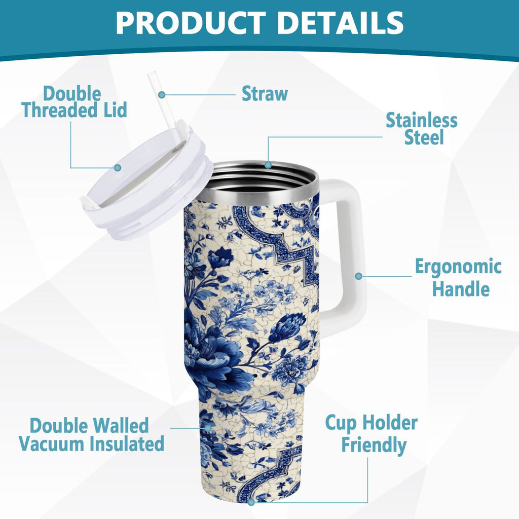 30 oz Insulated Stainless Steel Tumbler Double Wall Stainless Steel Tumbler with 2-Way Drinking Blue and White Porcelain-style - TJC3