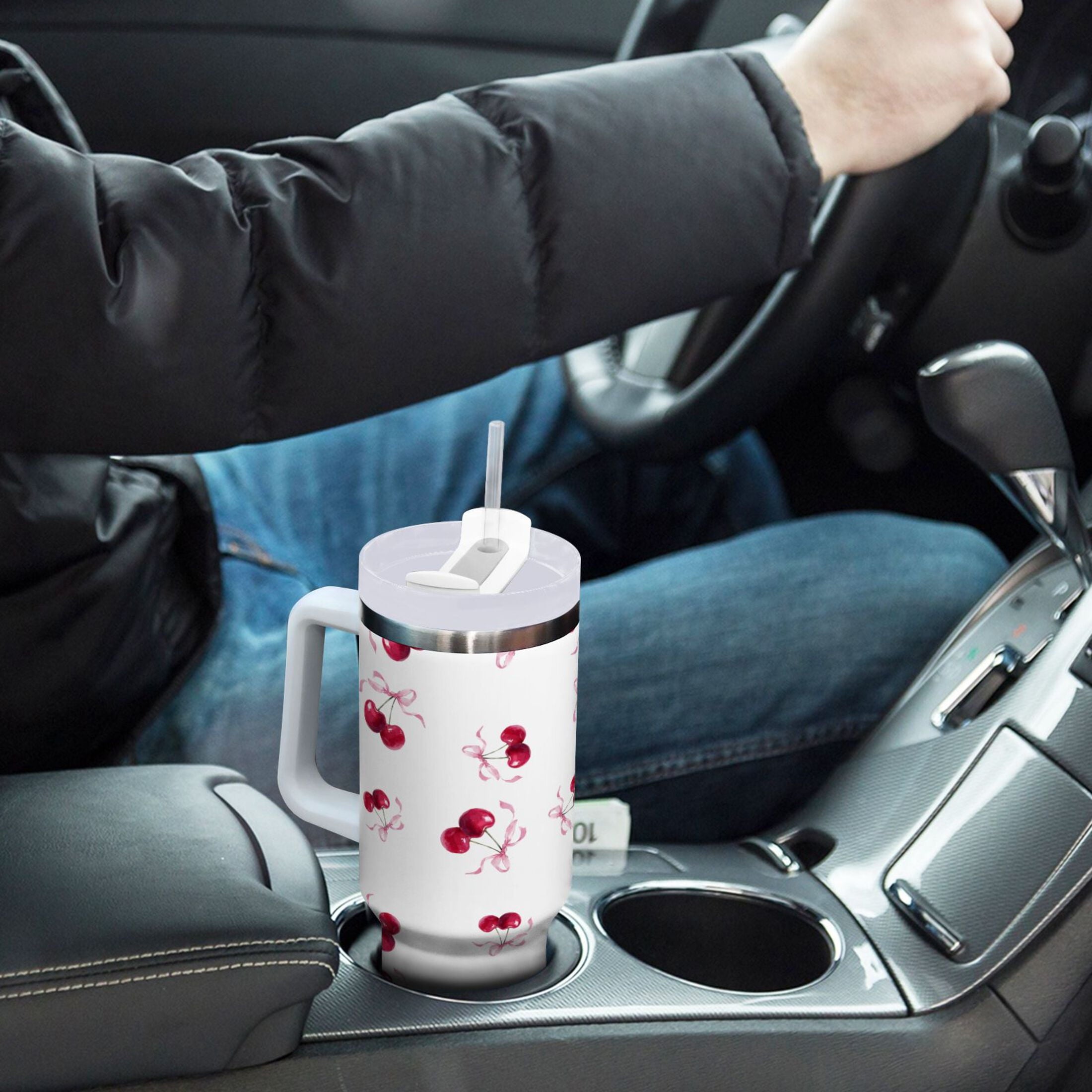 30 oz Insulated Stainless Steel Tumbler Double Wall Stainless Steel Tumbler with 2-Way Drinking Watercolor Cherries Pattern - DDDW