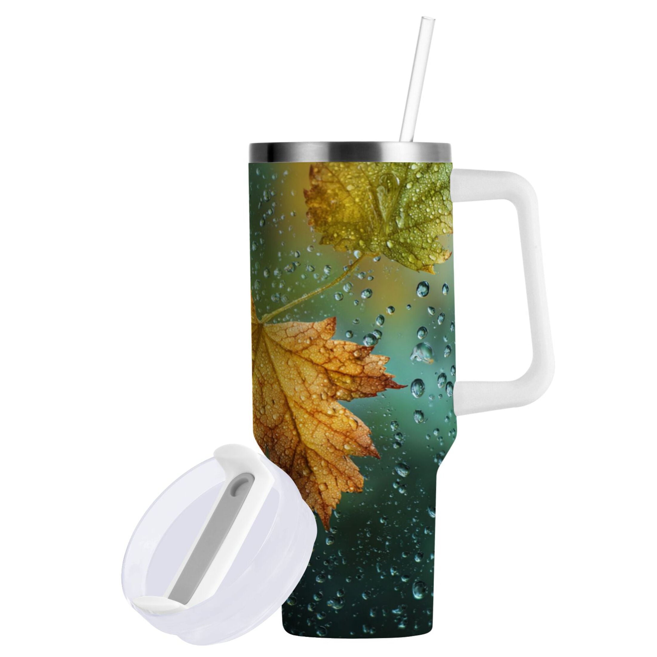 30 oz Insulated Stainless Steel Tumbler Double Wall Stainless Steel Tumbler with 2-Way Drinking Leaves with Water Droplets - 7056