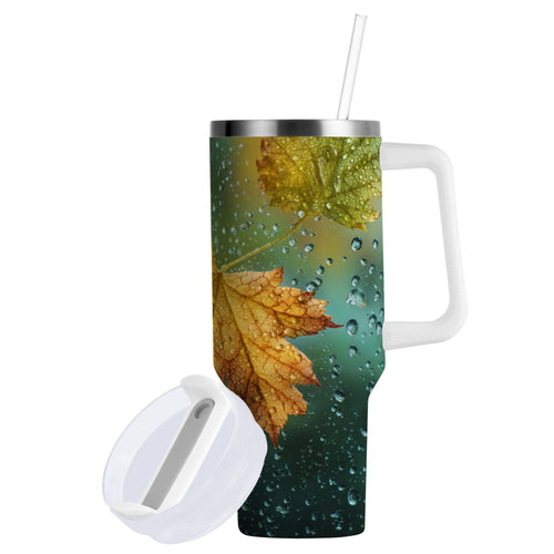 30 oz Insulated Stainless Steel Tumbler Double Wall Stainless Steel Tumbler with 2-Way Drinking Leaves with Water Droplets - 7056