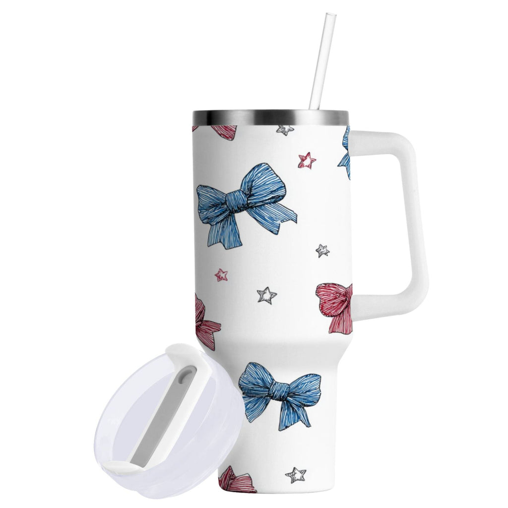 40 oz Insulated Stainless Steel Tumbler Double Wall Stainless Steel Tumbler with 2-Way Drinking Red and Blue Stripes Bows - J6OF