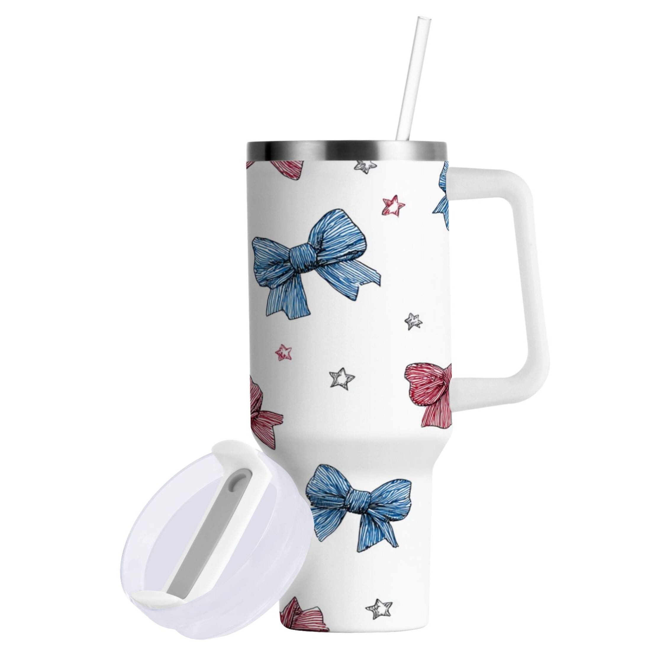 40 oz Insulated Stainless Steel Tumbler Double Wall Stainless Steel Tumbler with 2-Way Drinking Red and Blue Stripes Bows - J6OF