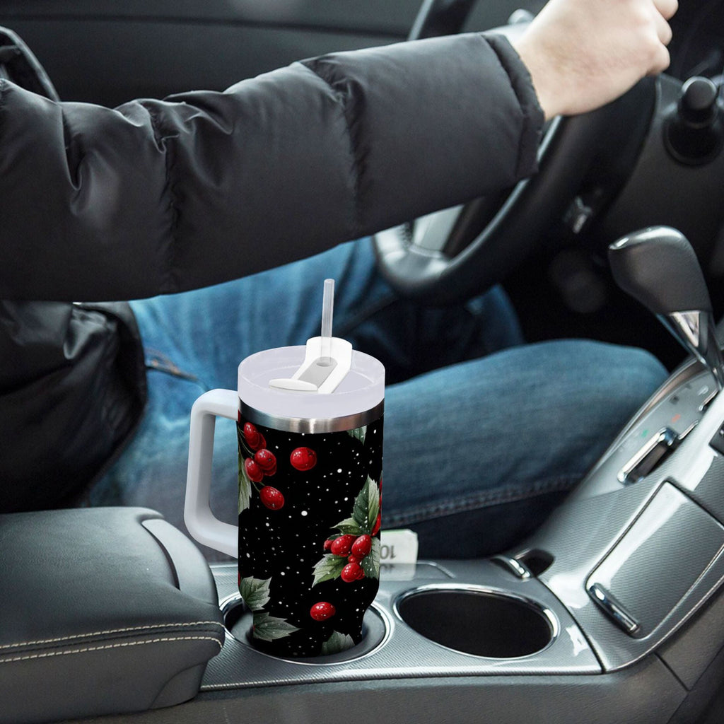40 oz Insulated Stainless Steel Tumbler Double Wall Stainless Steel Tumbler with 2-Way Drinking Red Holly Berries Pattern - 7MMI