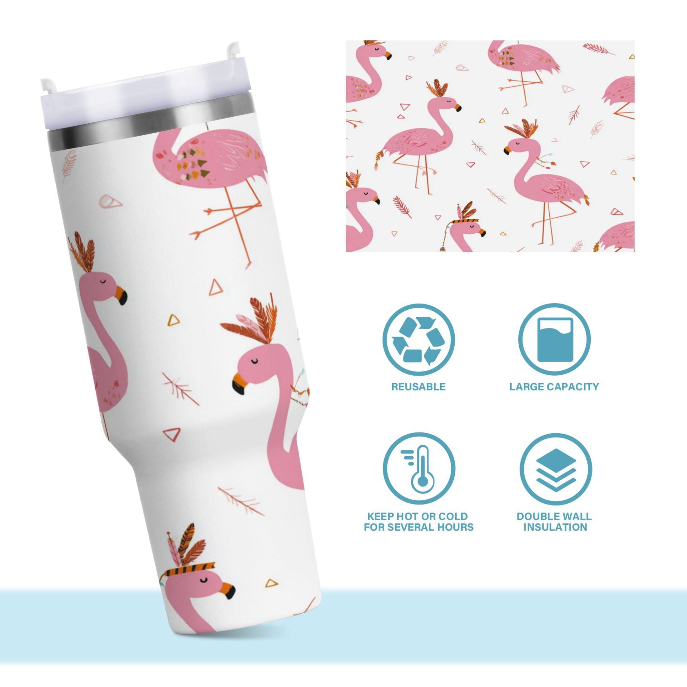 40 oz Insulated Stainless Steel Tumbler Double Wall Stainless Steel Tumbler with 2-Way Drinking Cute Pink Flamingo Pattern - 20VC
