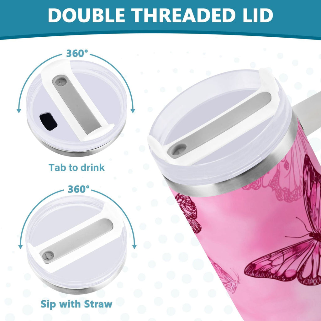 40 oz Insulated Stainless Steel Tumbler Double Wall Stainless Steel Tumbler with 2-Way Drinking Pink Butterfly Pattern - 6IJW