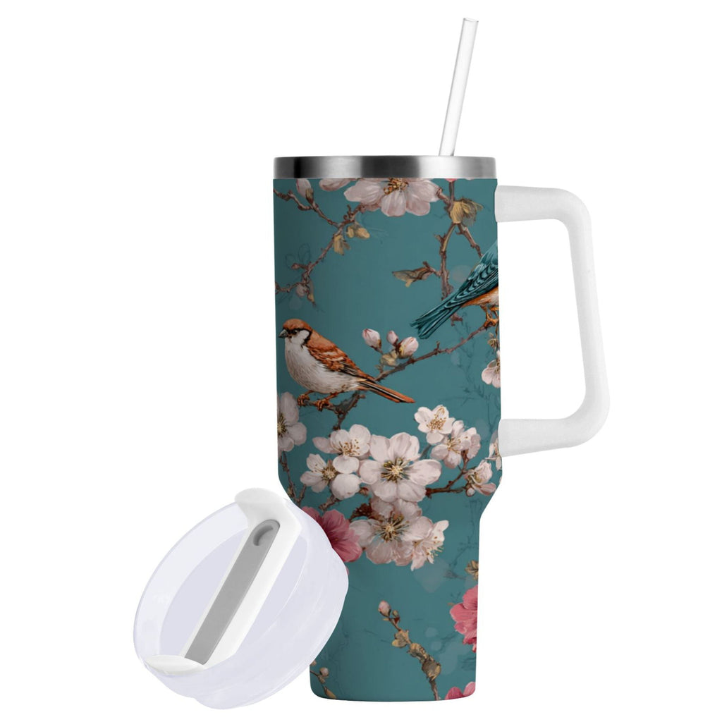 30 oz Insulated Stainless Steel Tumbler Double Wall Stainless Steel Tumbler with 2-Way Drinking Birds and Cherry Pattern - N2QS