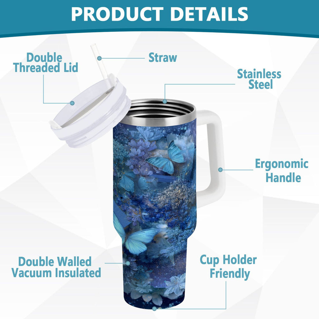 30 oz Insulated Stainless Steel Tumbler Double Wall Stainless Steel Tumbler with 2-Way Drinking Butterflies Books and Flowers - 4ABK