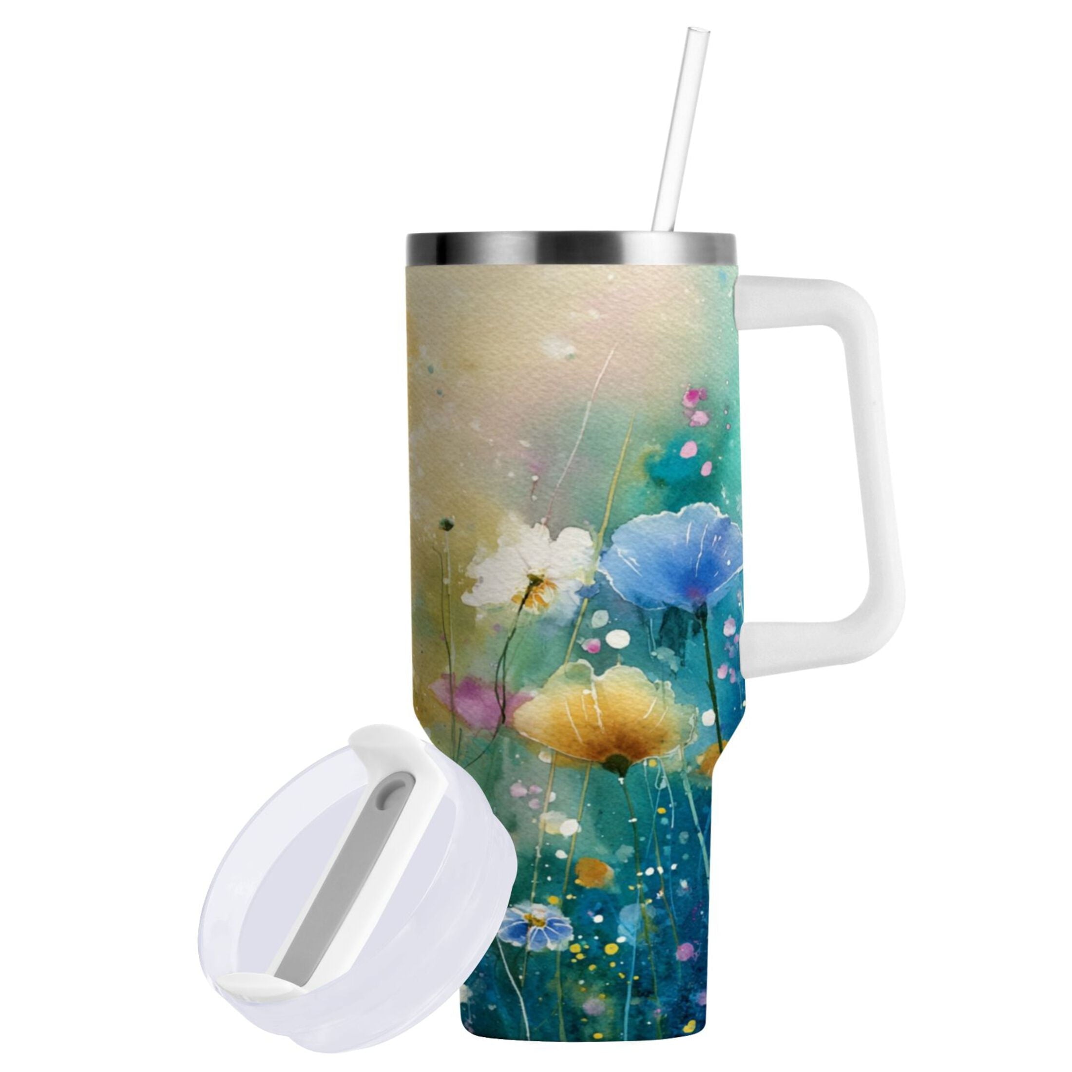 30 oz Insulated Stainless Steel Tumbler Double Wall Stainless Steel Tumbler with 2-Way Drinking Watercolor Wildflowers - 5Y1D