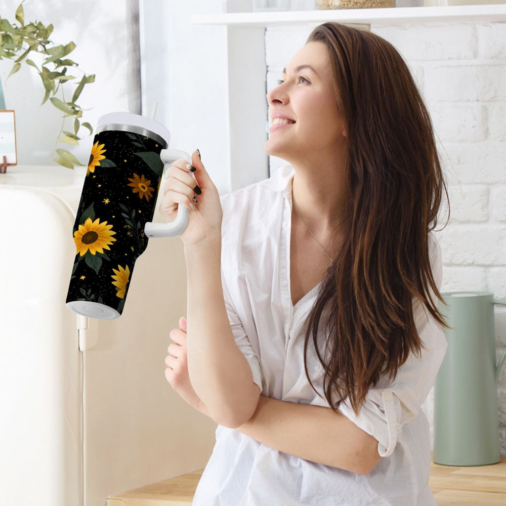 30 oz Insulated Stainless Steel Tumbler Double Wall Stainless Steel Tumbler with 2-Way Drinking Yellow Sunflower Pattern - REZR