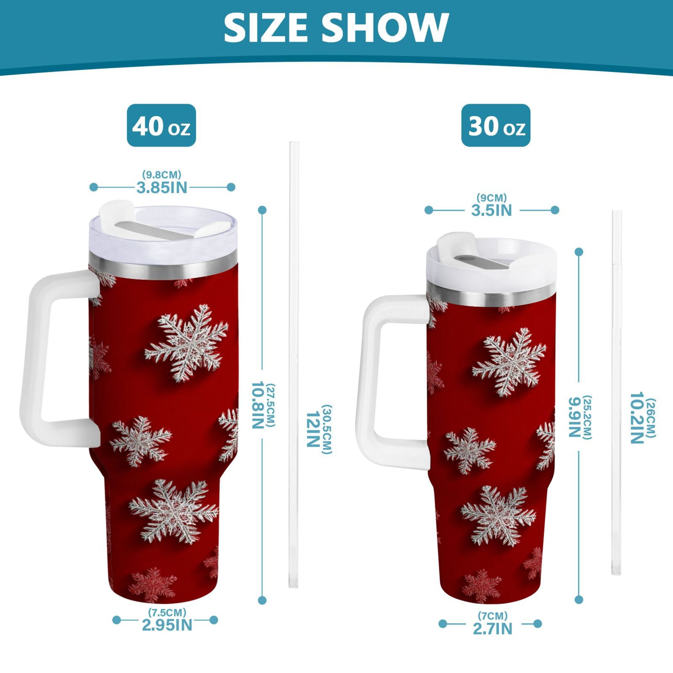 30 oz Insulated Stainless Steel Tumbler Double Wall Stainless Steel Tumbler with 2-Way Drinking Red and White Snowflakes - X70U