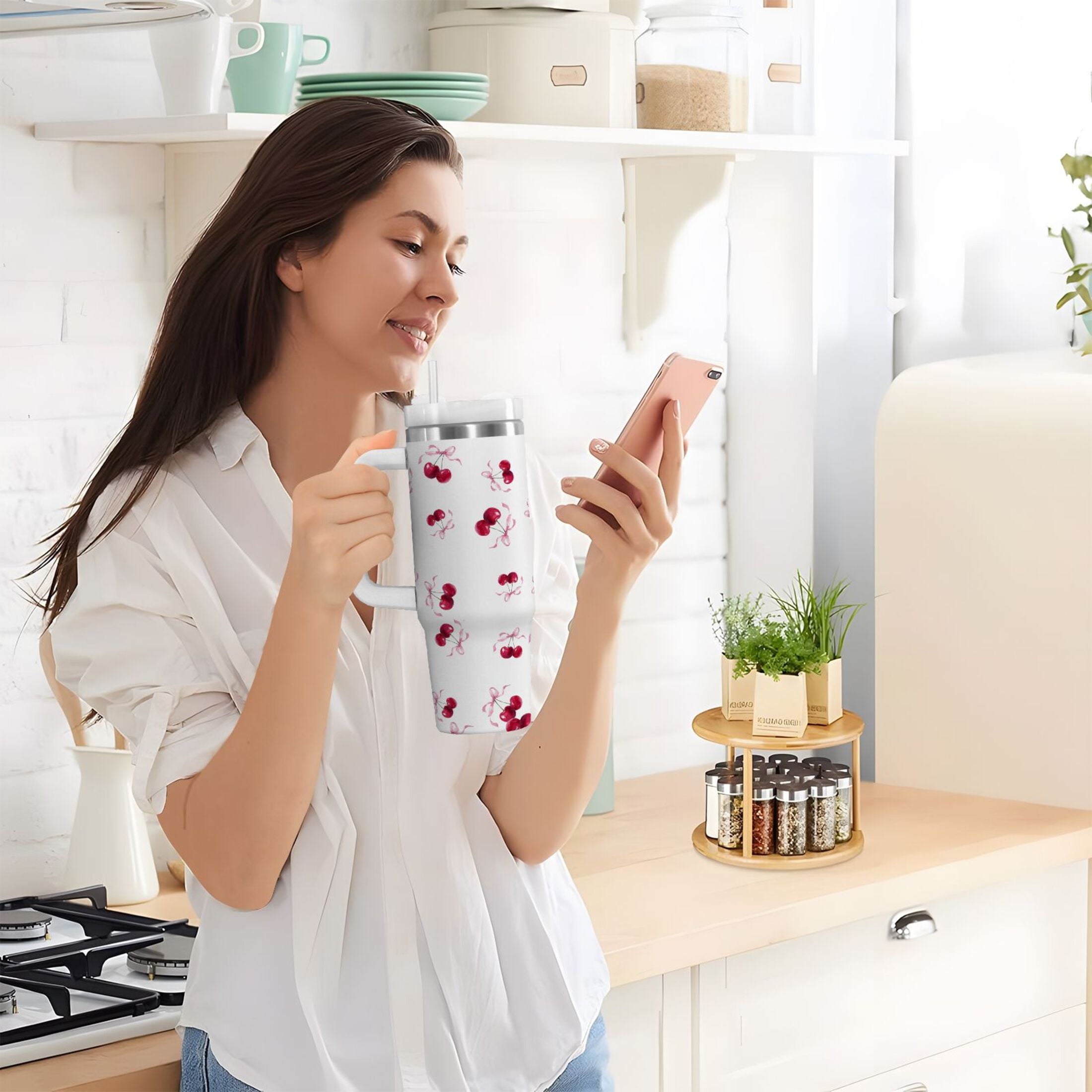 30 oz Insulated Stainless Steel Tumbler Double Wall Stainless Steel Tumbler with 2-Way Drinking Watercolor Cherries Pattern - DDDW