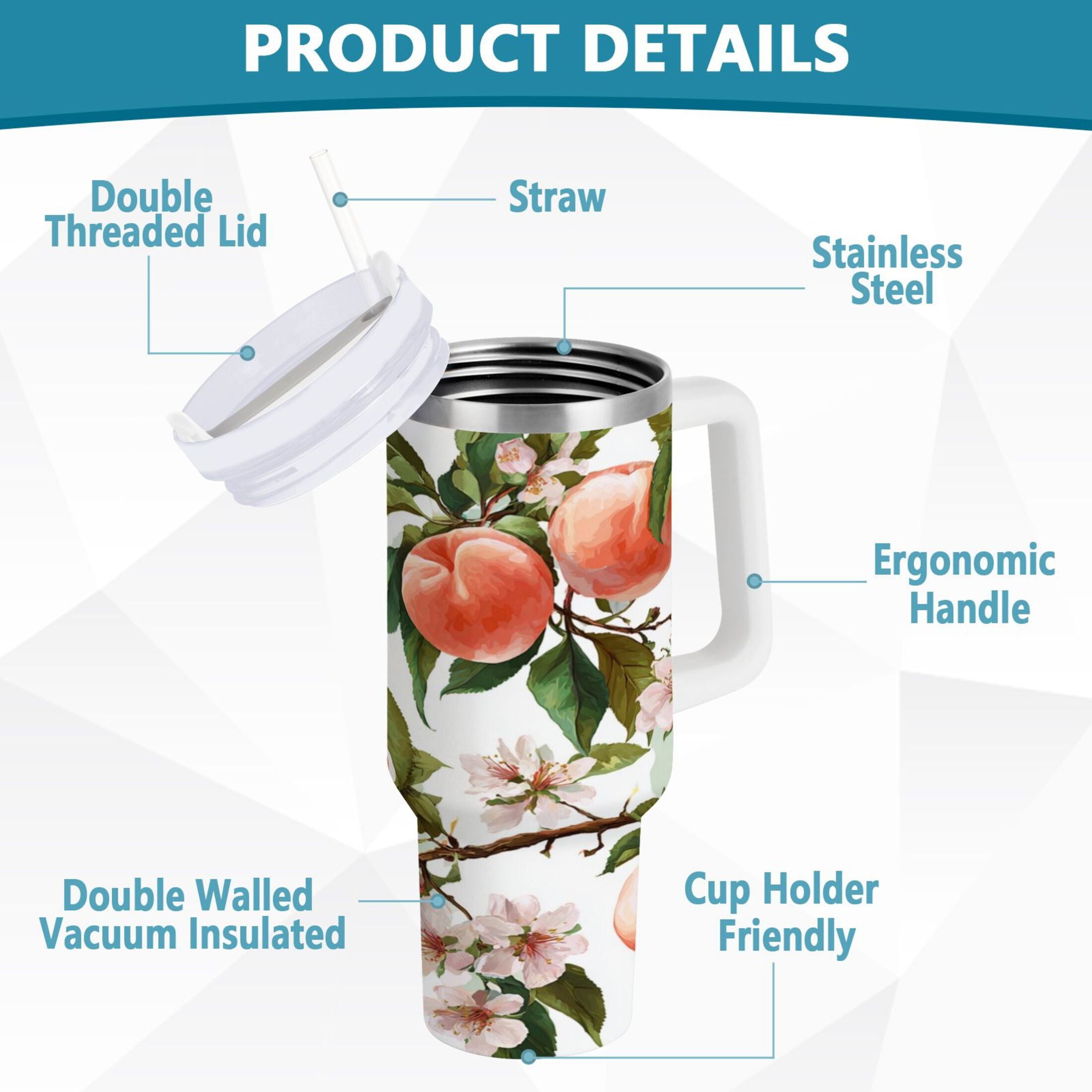30 oz Insulated Stainless Steel Tumbler Double Wall Stainless Steel Tumbler with 2-Way Drinking Peach Fruit Pattern - YH22