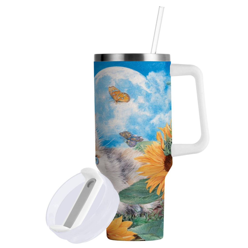 40 oz Insulated Stainless Steel Tumbler Double Wall Stainless Steel Tumbler with 2-Way Drinking Playful Cat Lying Sunflowers - GLDR