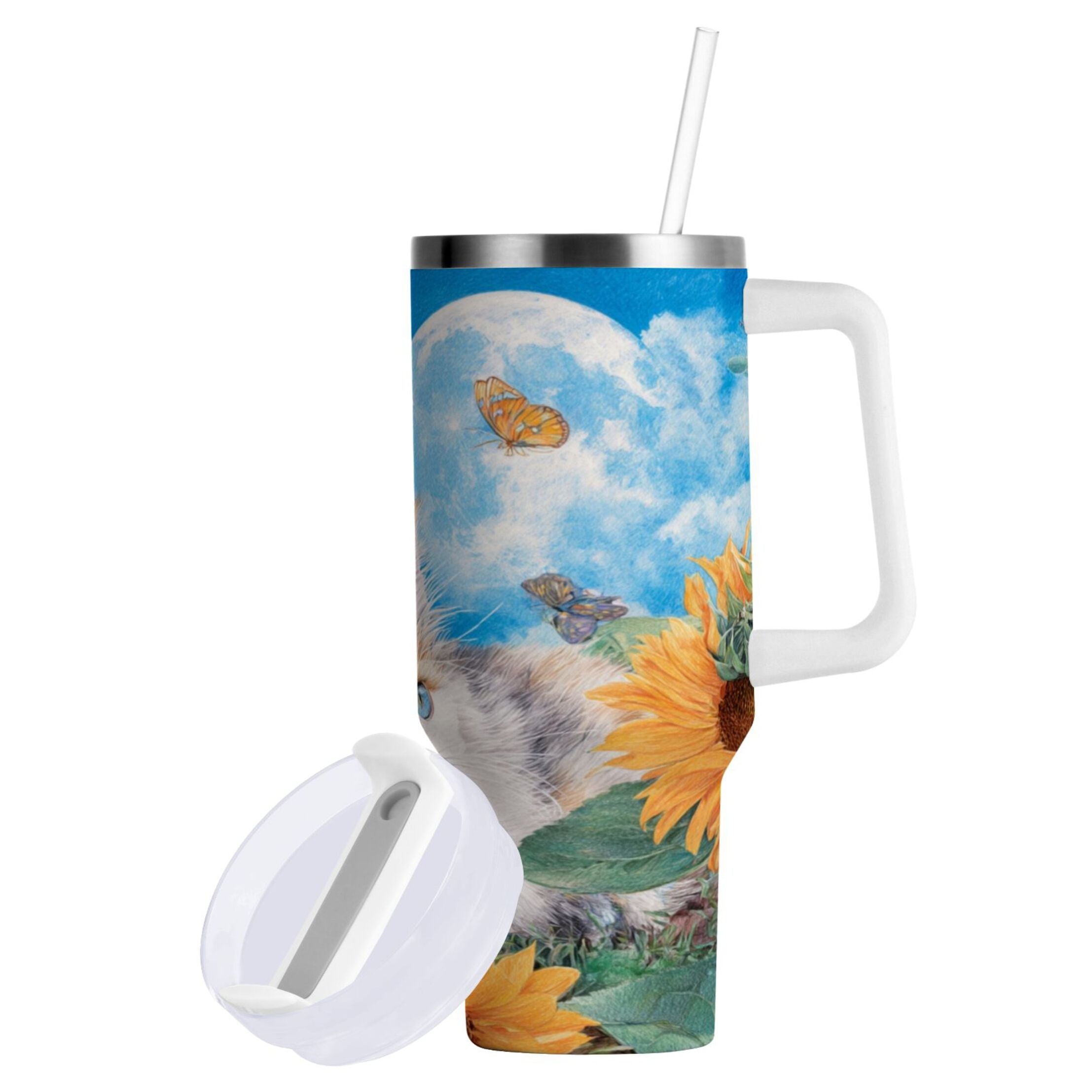 40 oz Insulated Stainless Steel Tumbler Double Wall Stainless Steel Tumbler with 2-Way Drinking Playful Cat Lying Sunflowers - GLDR