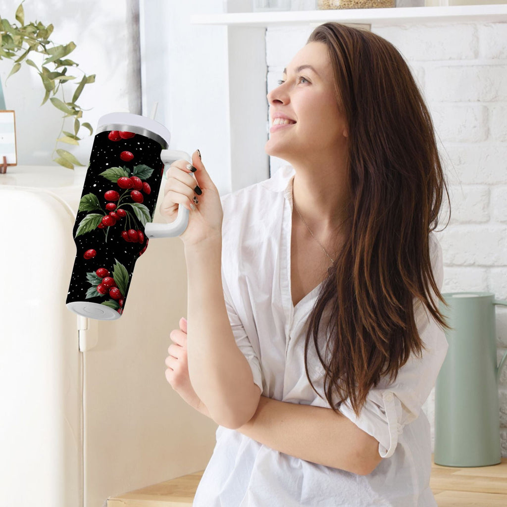 40 oz Insulated Stainless Steel Tumbler Double Wall Stainless Steel Tumbler with 2-Way Drinking Red Holly Berries Pattern - 7MMI