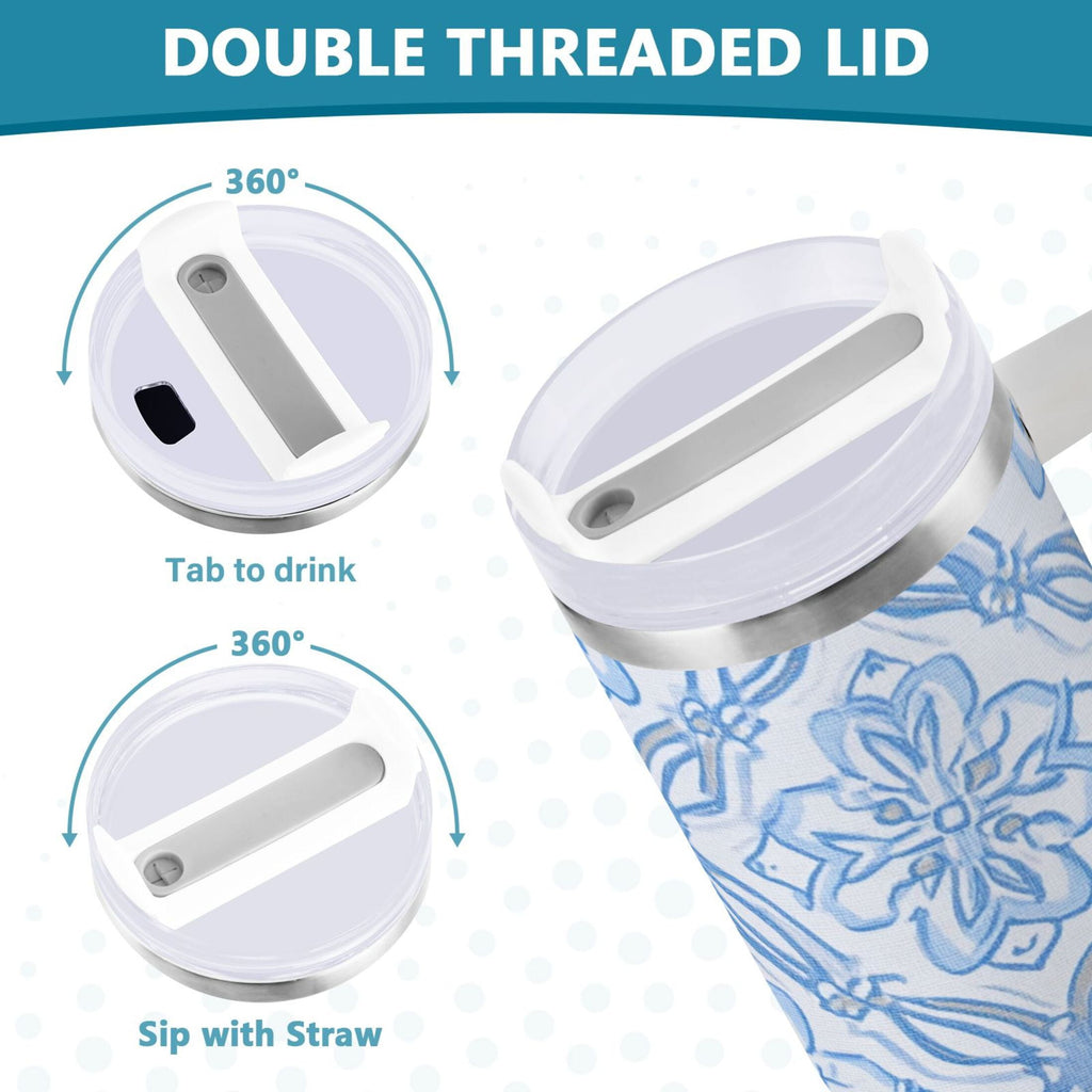 30 oz Insulated Stainless Steel Tumbler Double Wall Stainless Steel Tumbler with 2-Way Drinking Blue Elegant Geometric Design - 789V