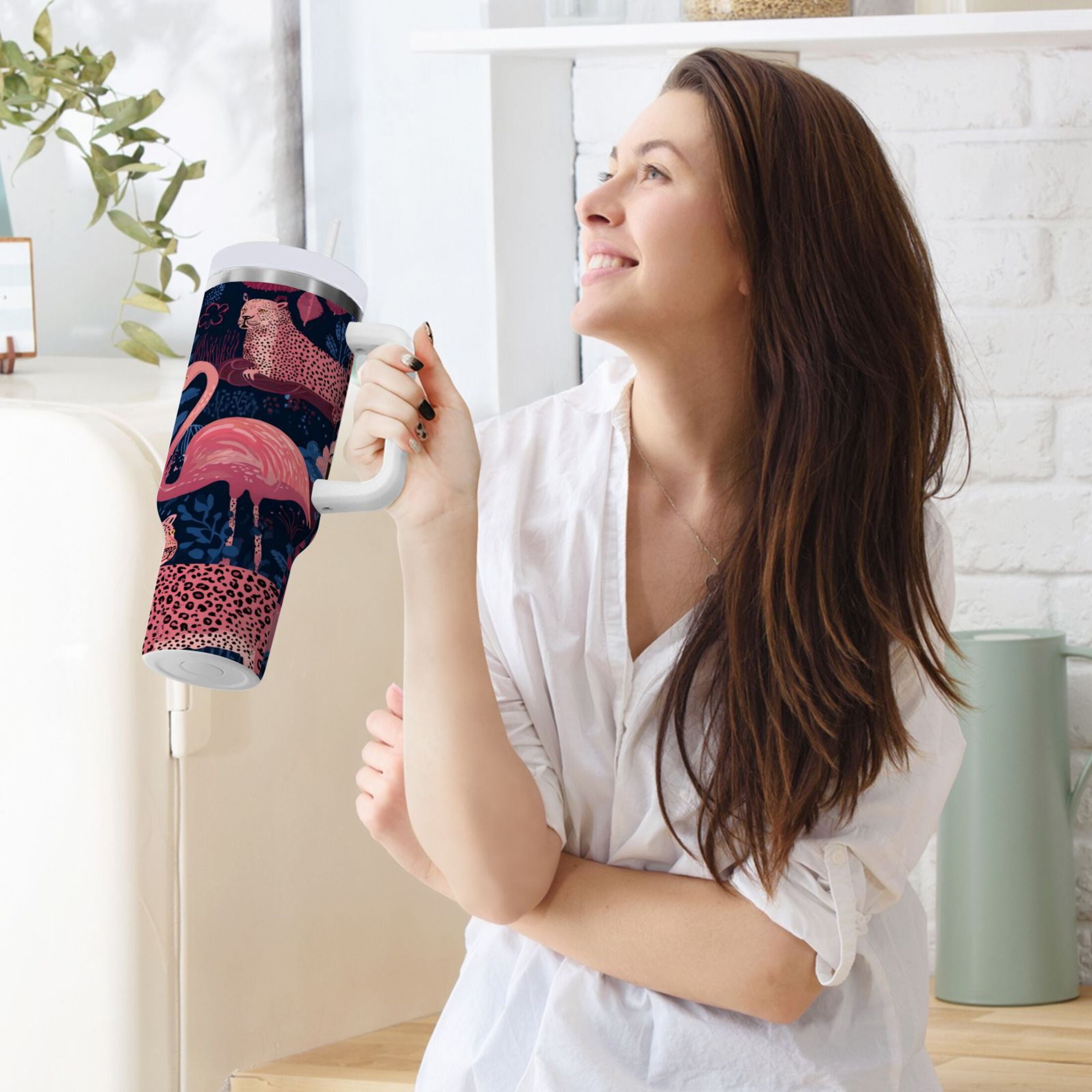 30 oz Insulated Stainless Steel Tumbler Double Wall Stainless Steel Tumbler with 2-Way Drinking Flamingos and Leopard Print - 41BW