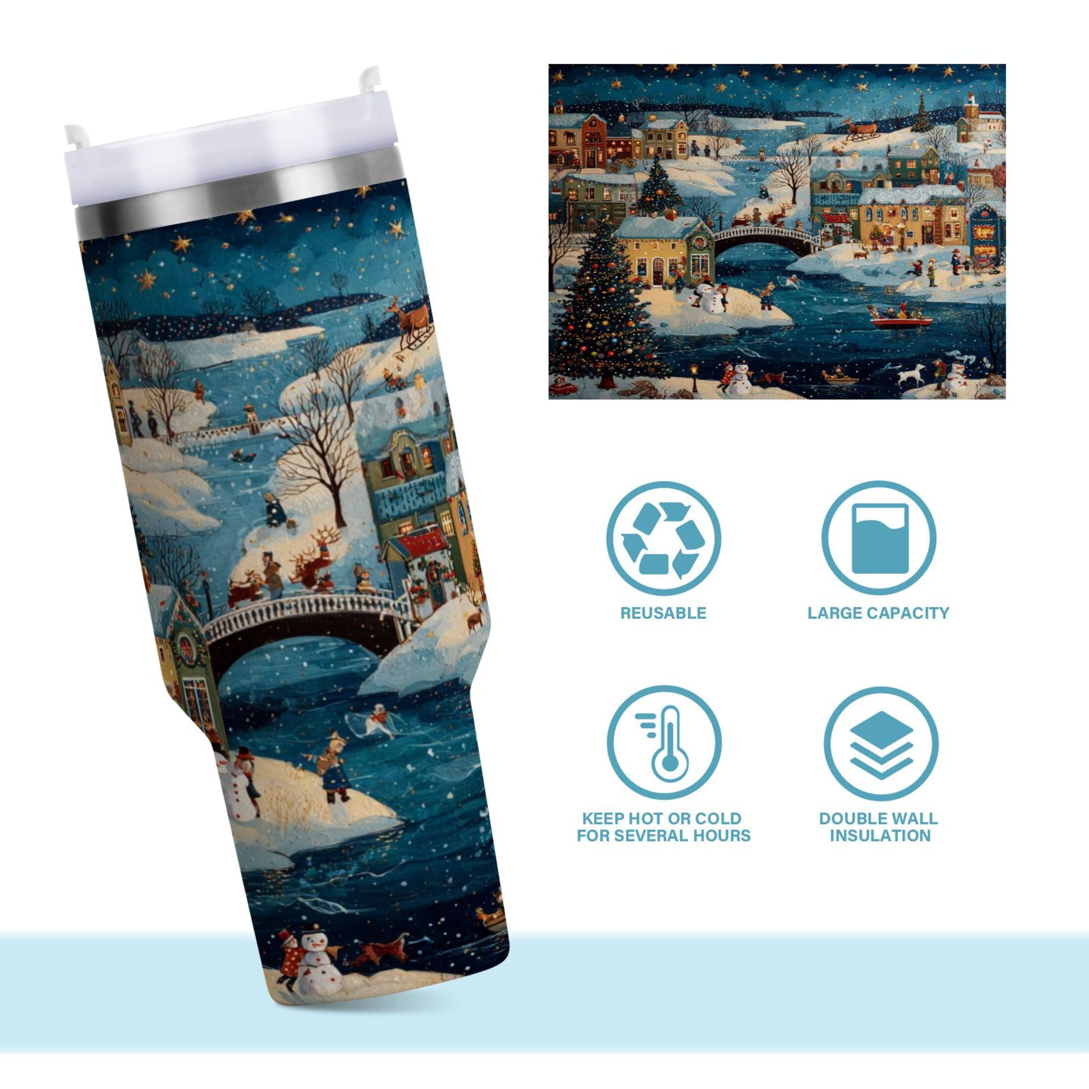 30 oz Insulated Stainless Steel Tumbler Double Wall Stainless Steel Tumbler with 2-Way Drinking Whimsical Christmas Scene - D5MM