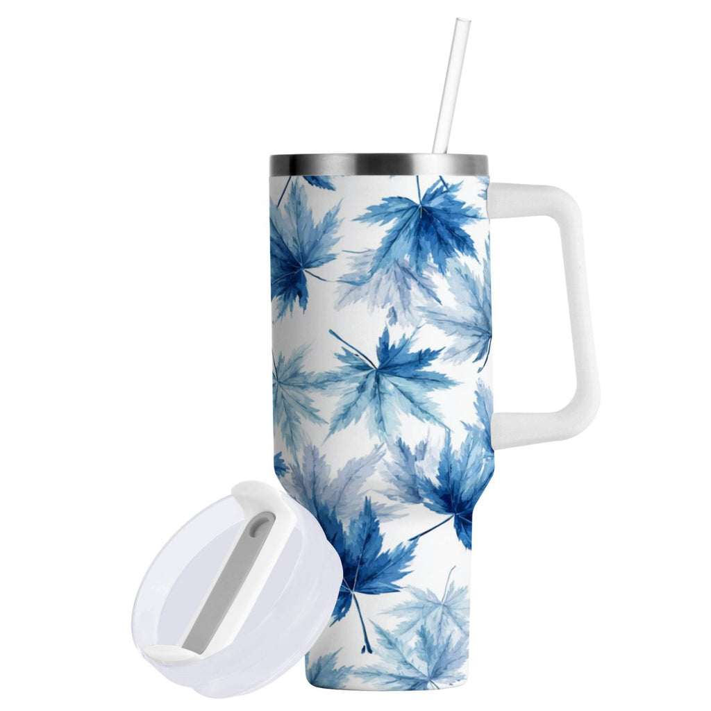 30 oz Insulated Stainless Steel Tumbler Double Wall Stainless Steel Tumbler with 2-Way Drinking Abstract Blue Maple Leaves - AVPG