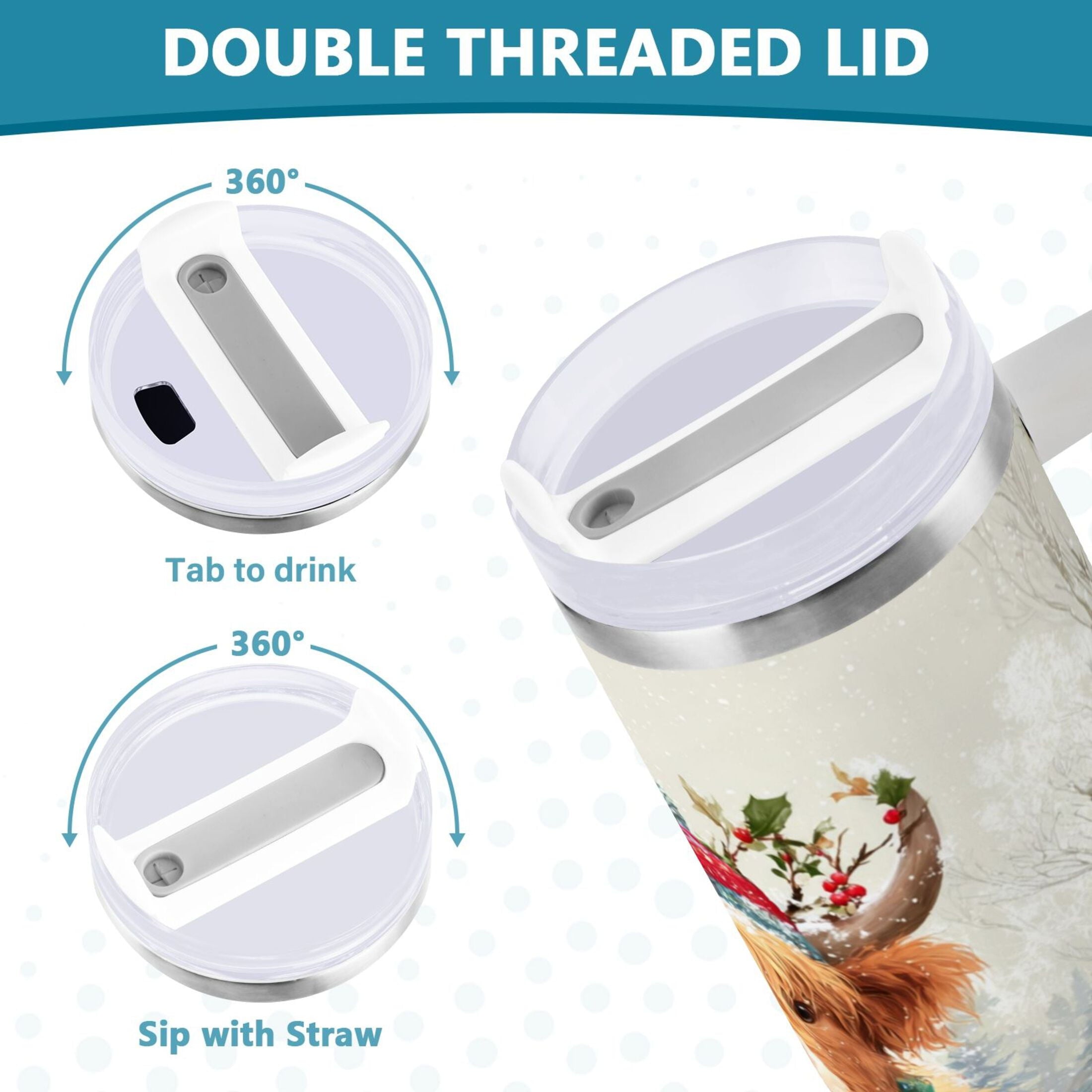 30 oz Insulated Stainless Steel Tumbler Double Wall Stainless Steel Tumbler with 2-Way Drinking Cow Wearing Christmas Hat - W546