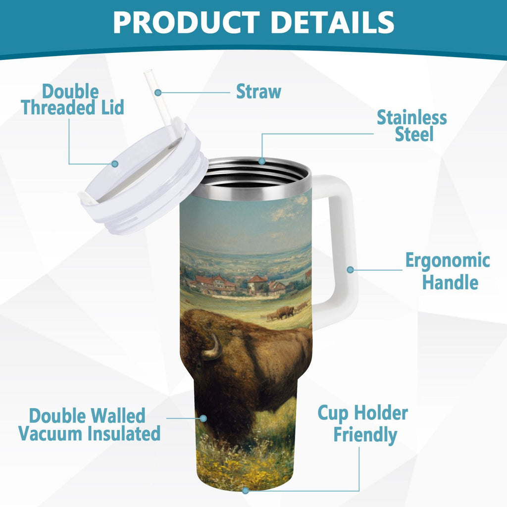30 oz Insulated Stainless Steel Tumbler Double Wall Stainless Steel Tumbler with 2-Way Drinking Buffalo Herd Oil Painting - I0RD