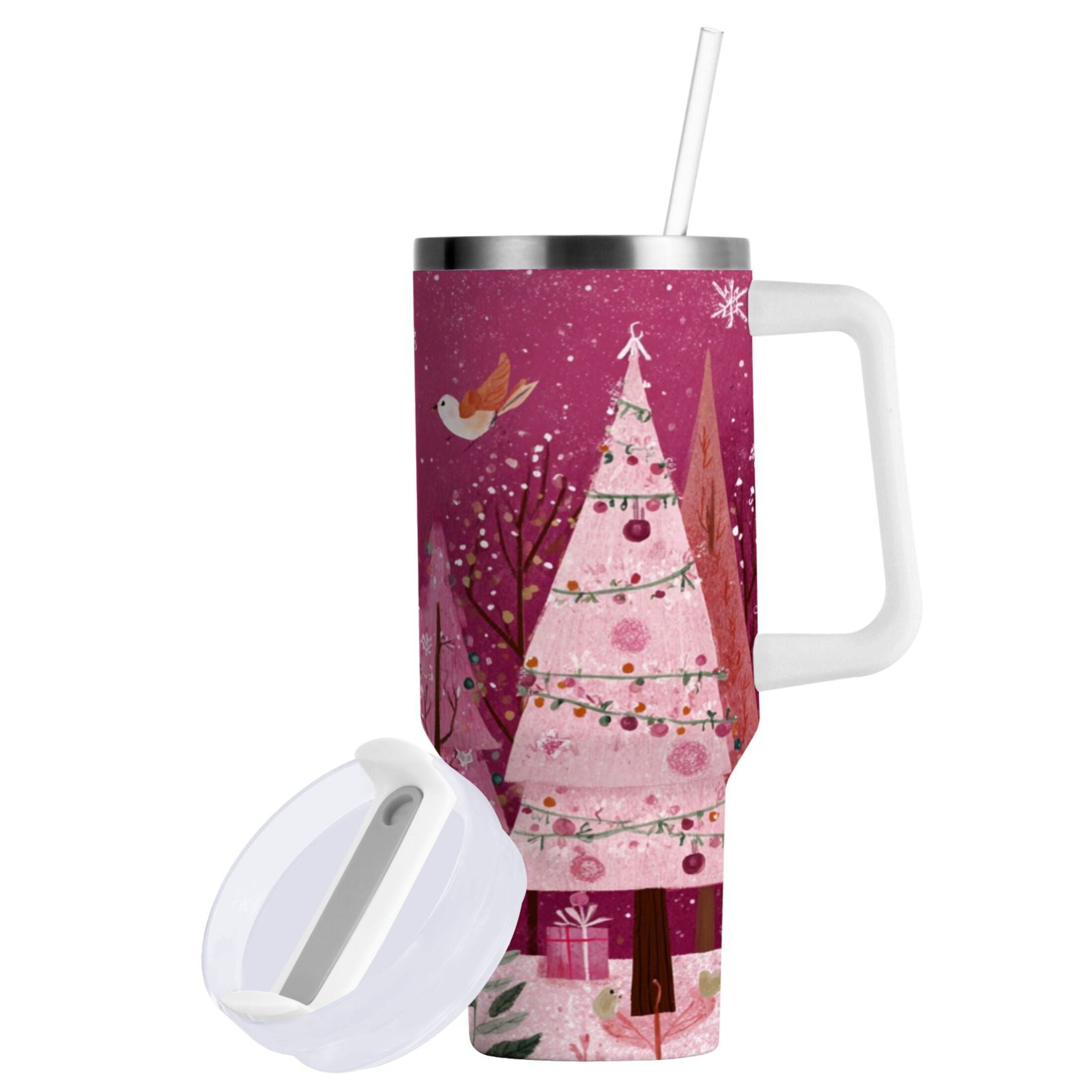 40 oz Insulated Stainless Steel Tumbler Double Wall Stainless Steel Tumbler with 2-Way Drinking Pink Christmas Forest - 2F90