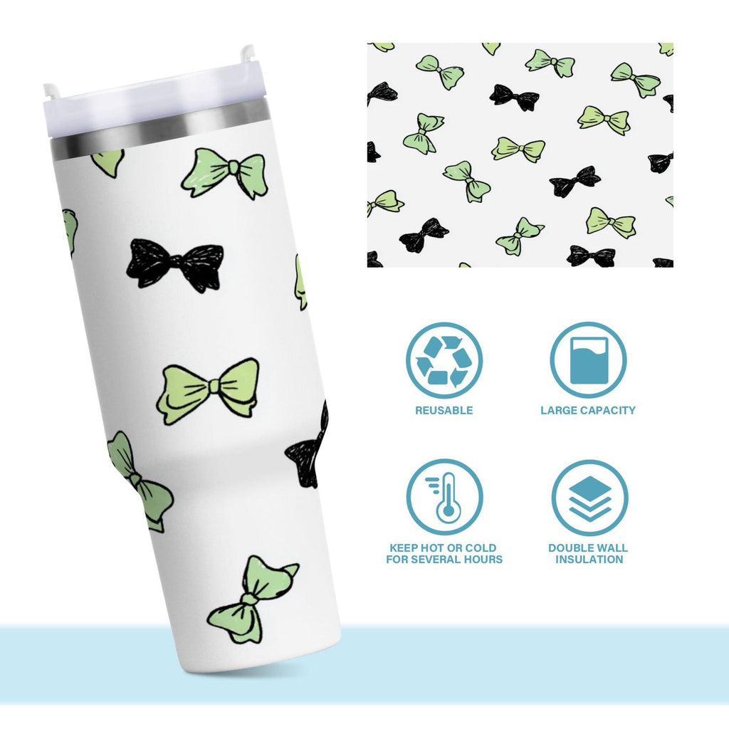 40 oz Insulated Stainless Steel Tumbler Double Wall Stainless Steel Tumbler with 2-Way Drinking Green and Black Bows - QUAU