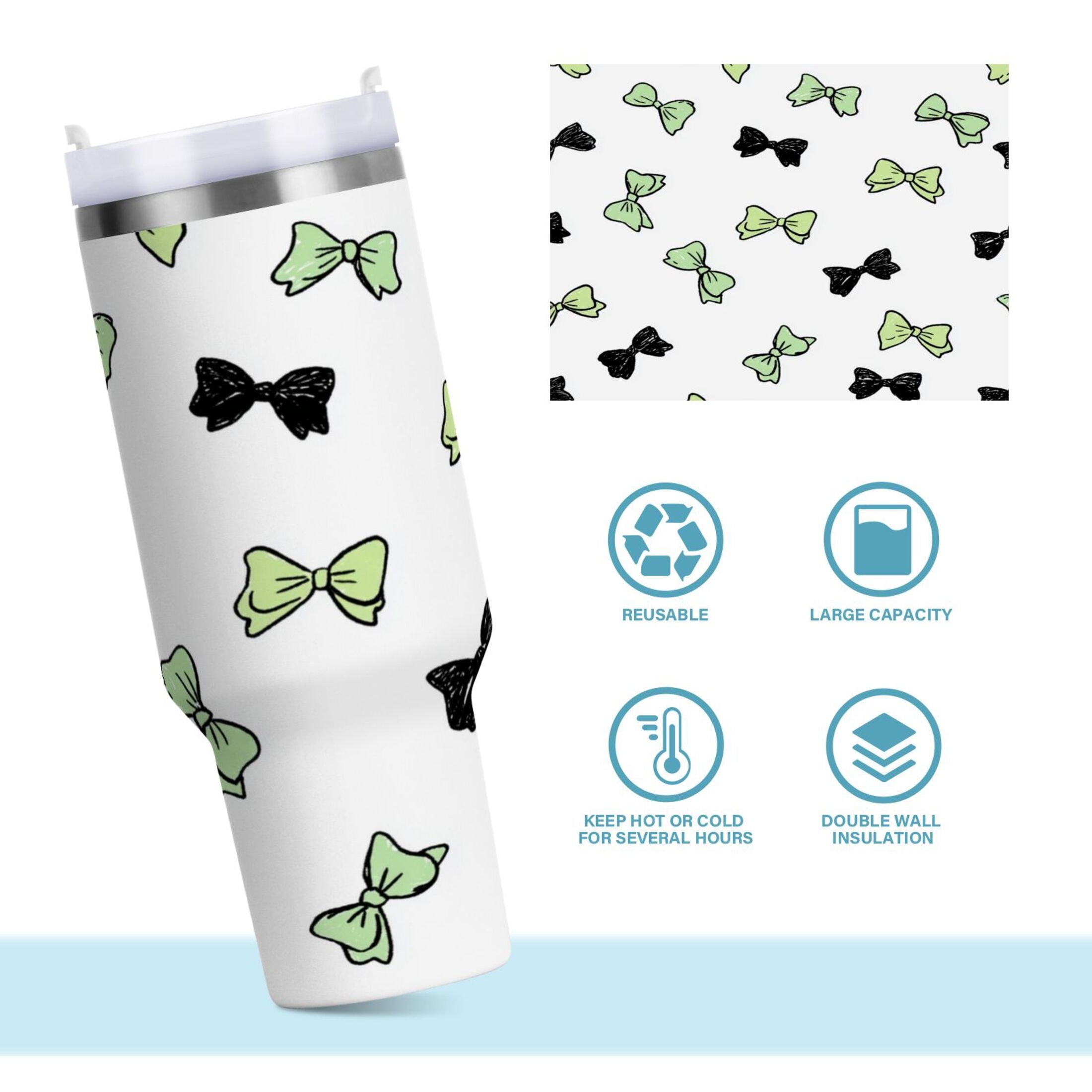 40 oz Insulated Stainless Steel Tumbler Double Wall Stainless Steel Tumbler with 2-Way Drinking Green and Black Bows - QUAU