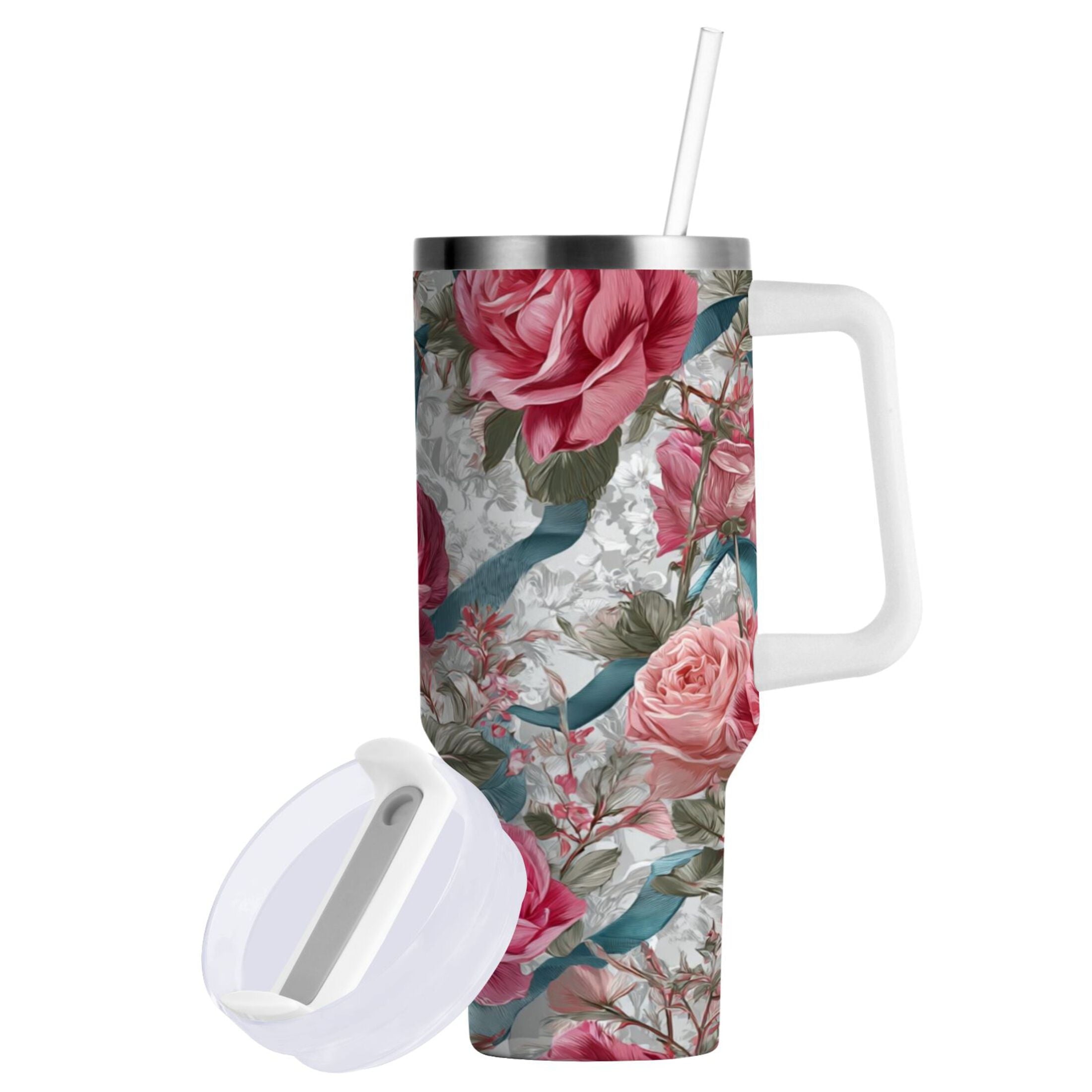 30 oz Insulated Stainless Steel Tumbler Double Wall Stainless Steel Tumbler with 2-Way Drinking Roses and Ribbons - PPEE