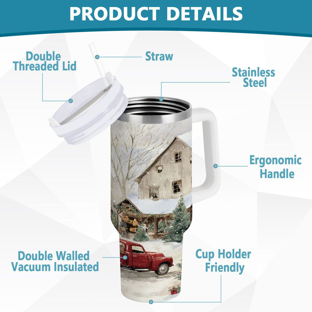 40 oz Insulated Stainless Steel Tumbler Double Wall Stainless Steel Tumbler with 2-Way Drinking Farm Snow Scene - PNK0