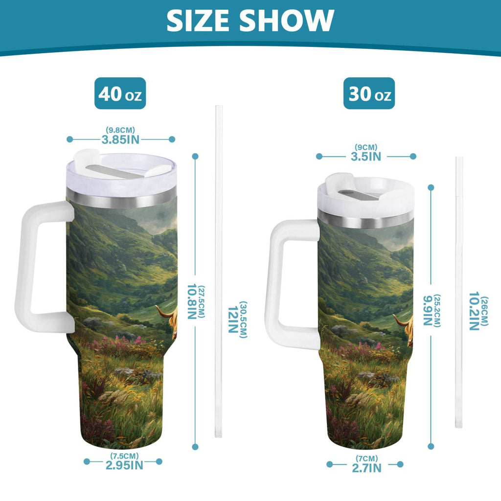 30 oz Insulated Stainless Steel Tumbler Double Wall Stainless Steel Tumbler with 2-Way Drinking Cow in Green Rolling Hills - W34T
