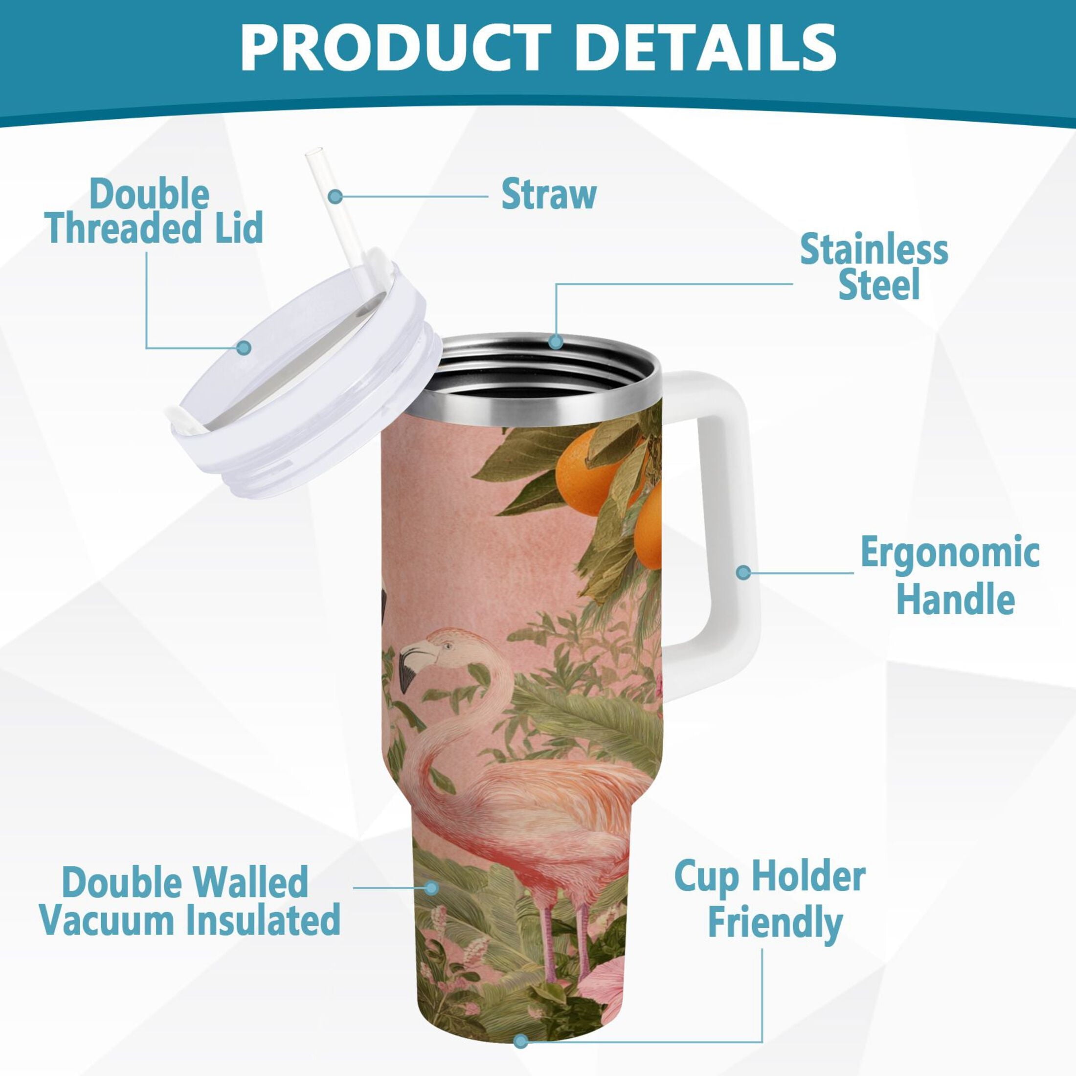 40 oz Insulated Stainless Steel Tumbler Double Wall Stainless Steel Tumbler with 2-Way Drinking Flamingos in Tropical Garden - D7N9